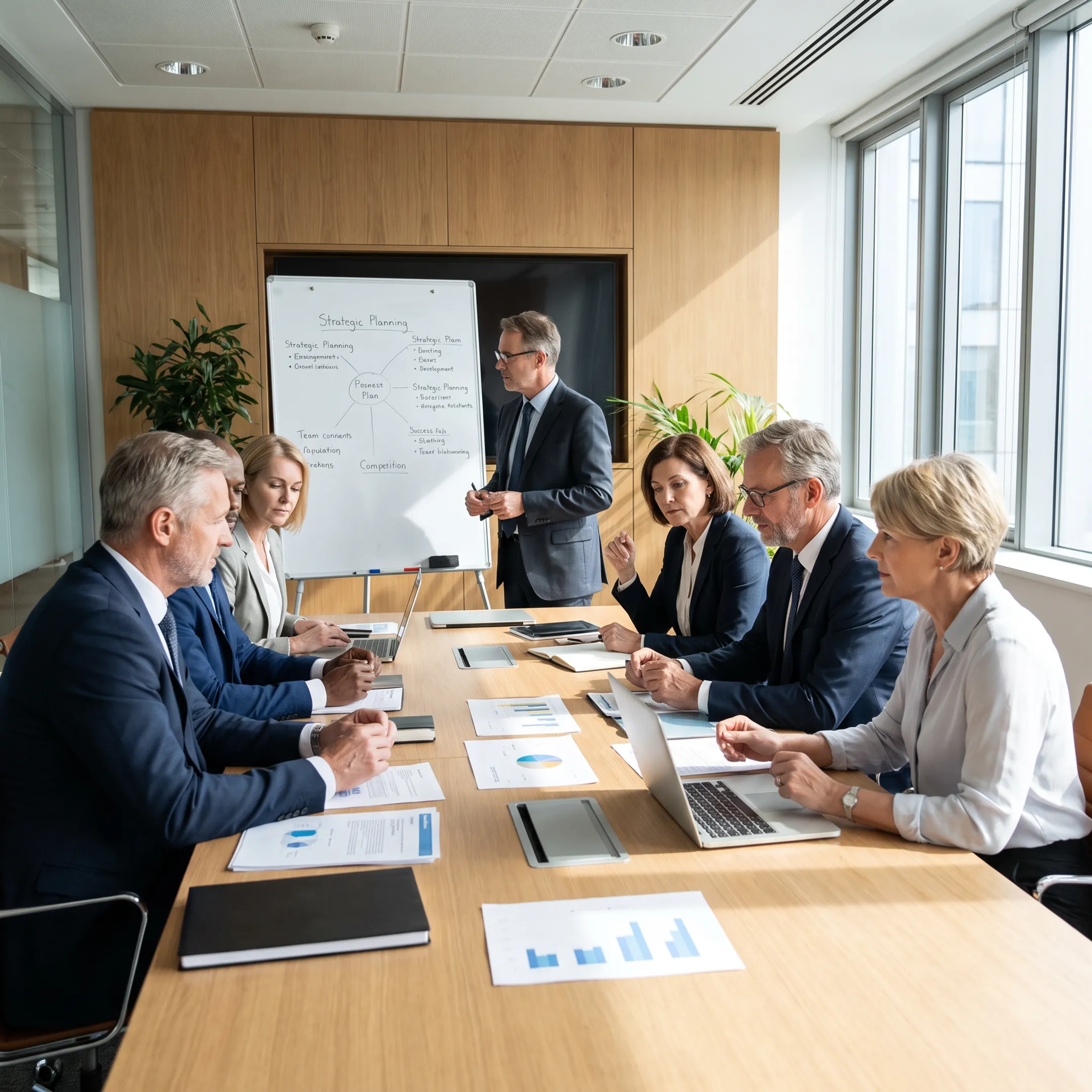 Facilitator guiding executives through a collaborative retreat planning session