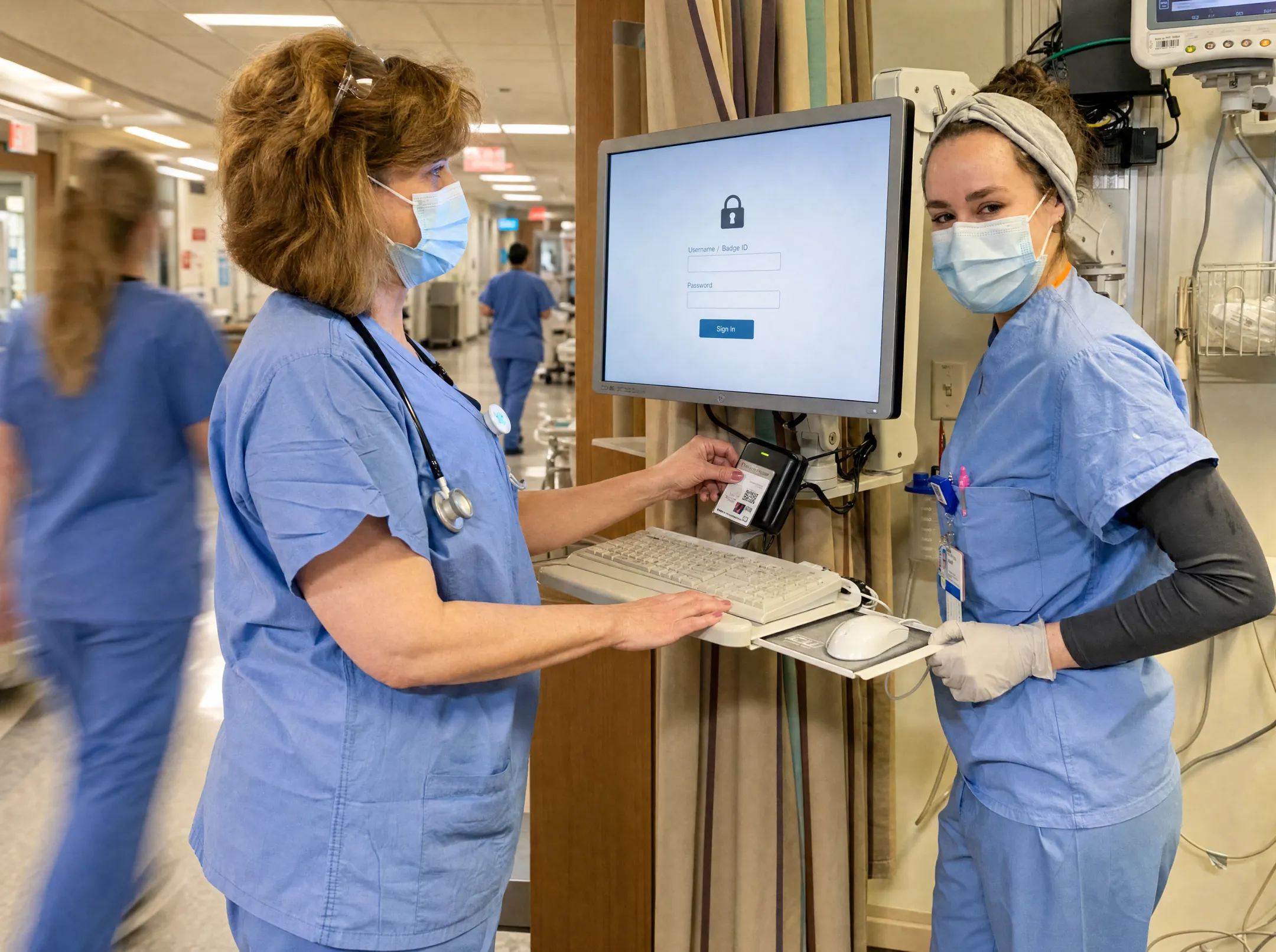 Clinical staff logging into shared hospital workstation using badge authentication