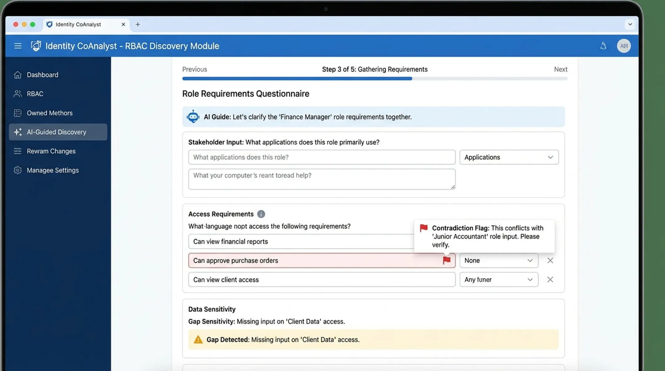 Identity CoAnalyst AI-guided questionnaire interface for RBAC discovery