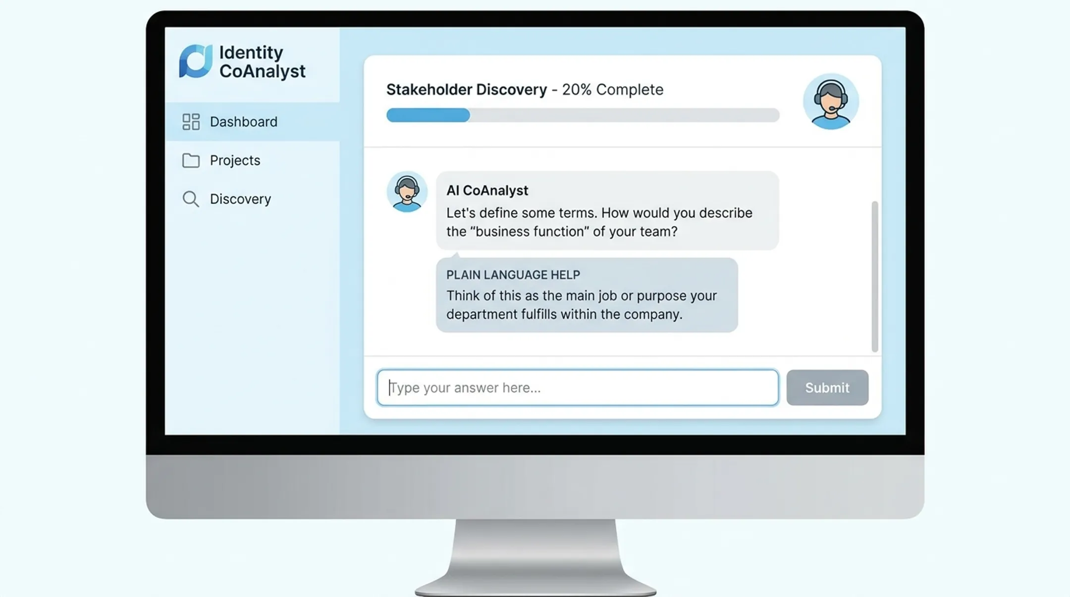 Identity CoAnalyst AI-guided questionnaire interface for stakeholder discovery