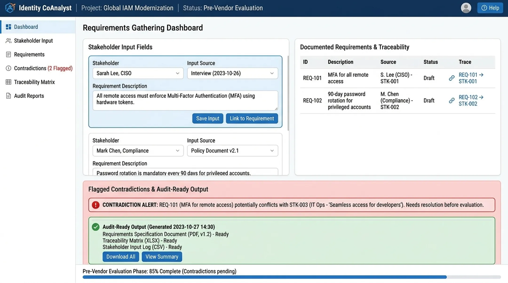 Identity CoAnalyst platform interface showing traceable IAM requirements documentation