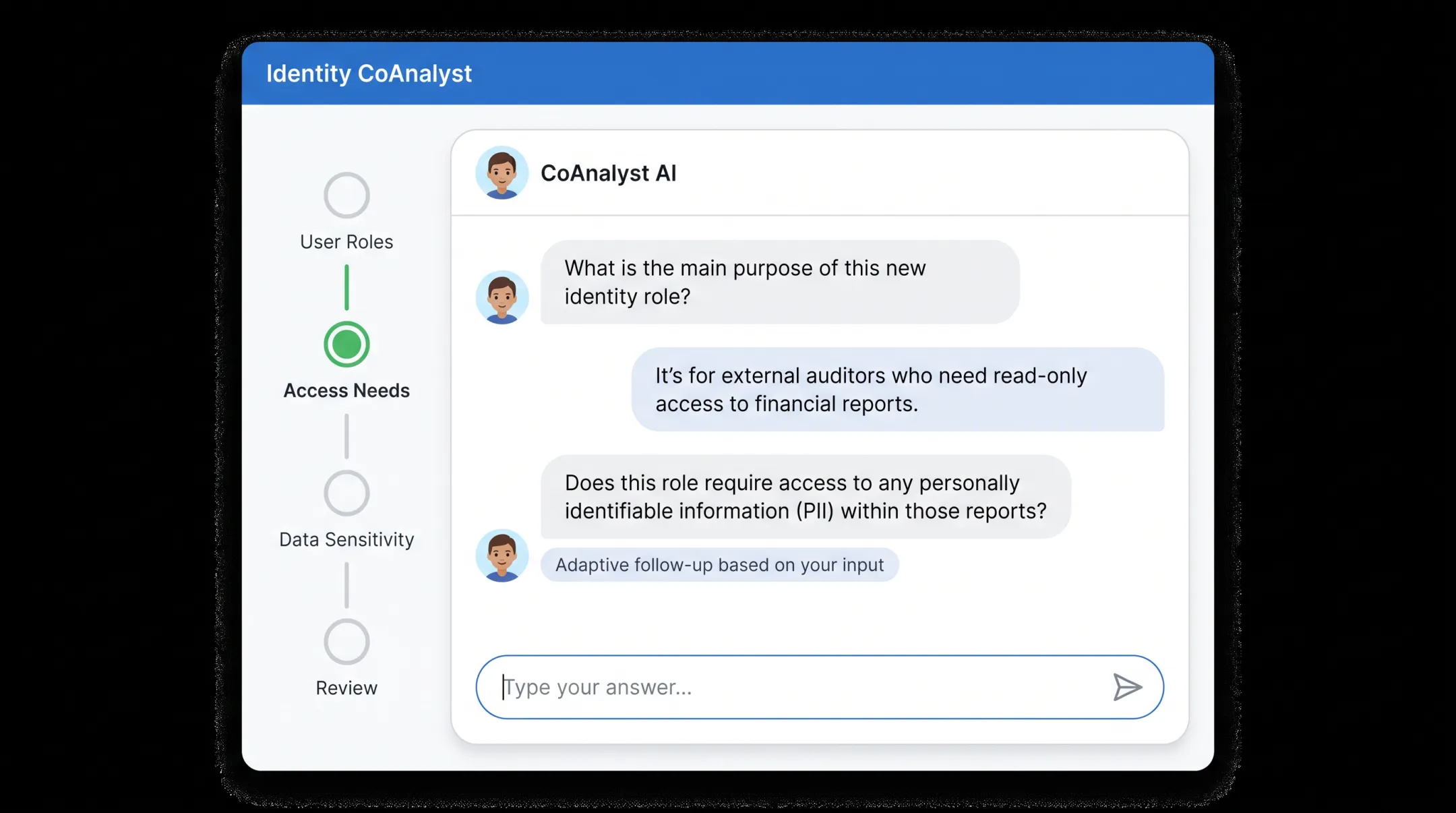 Identity CoAnalyst AI-guided requirements gathering questionnaire interface