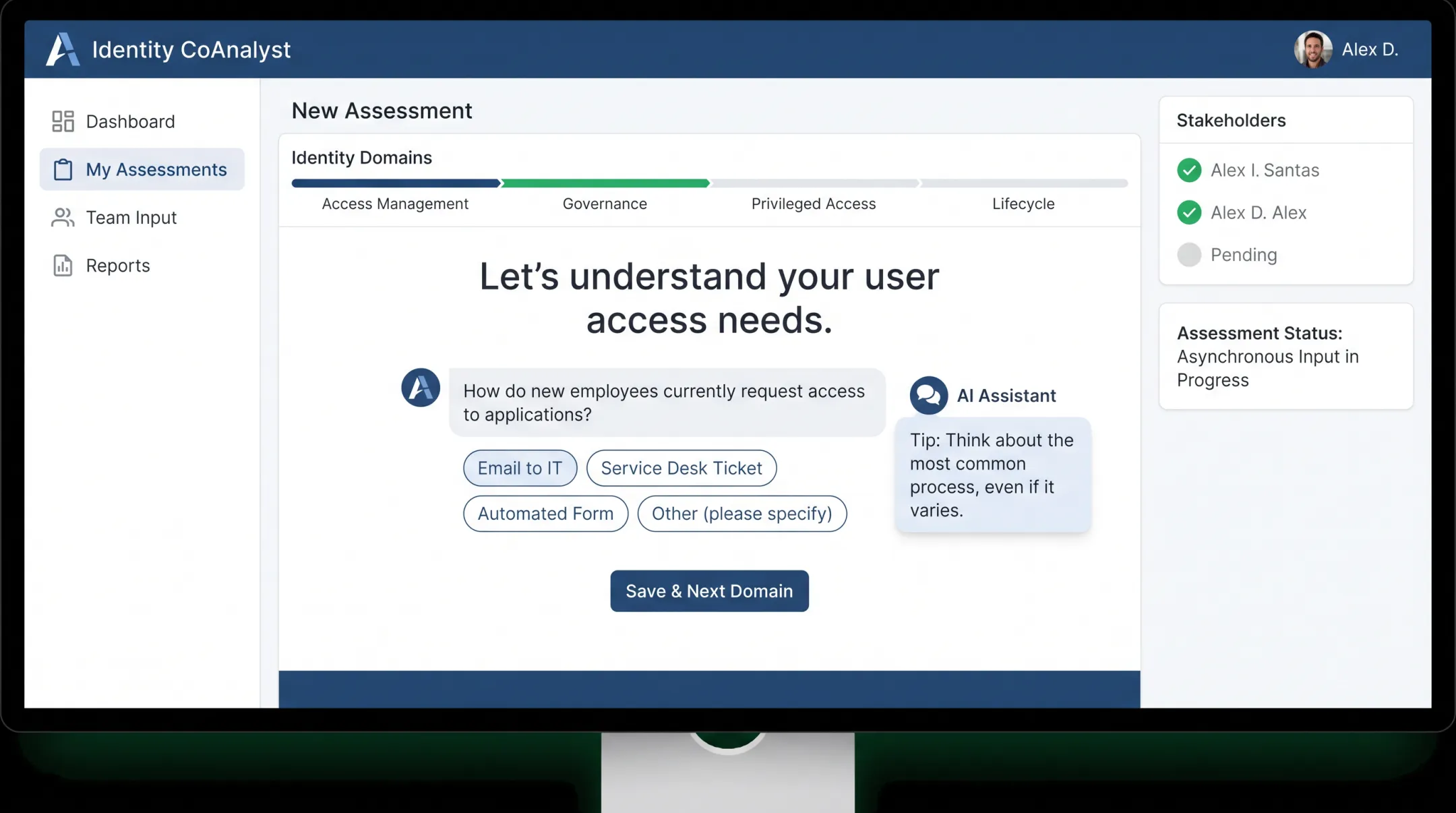 Identity CoAnalyst AI questionnaire platform interface for requirements gathering