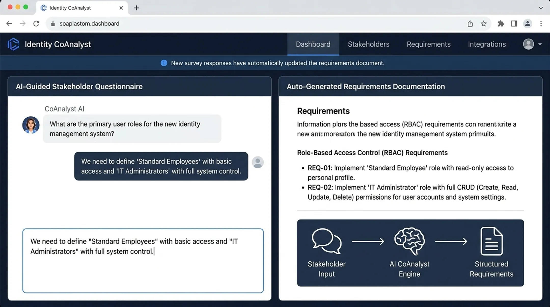 Identity CoAnalyst platform interface generating RBAC requirements documentation