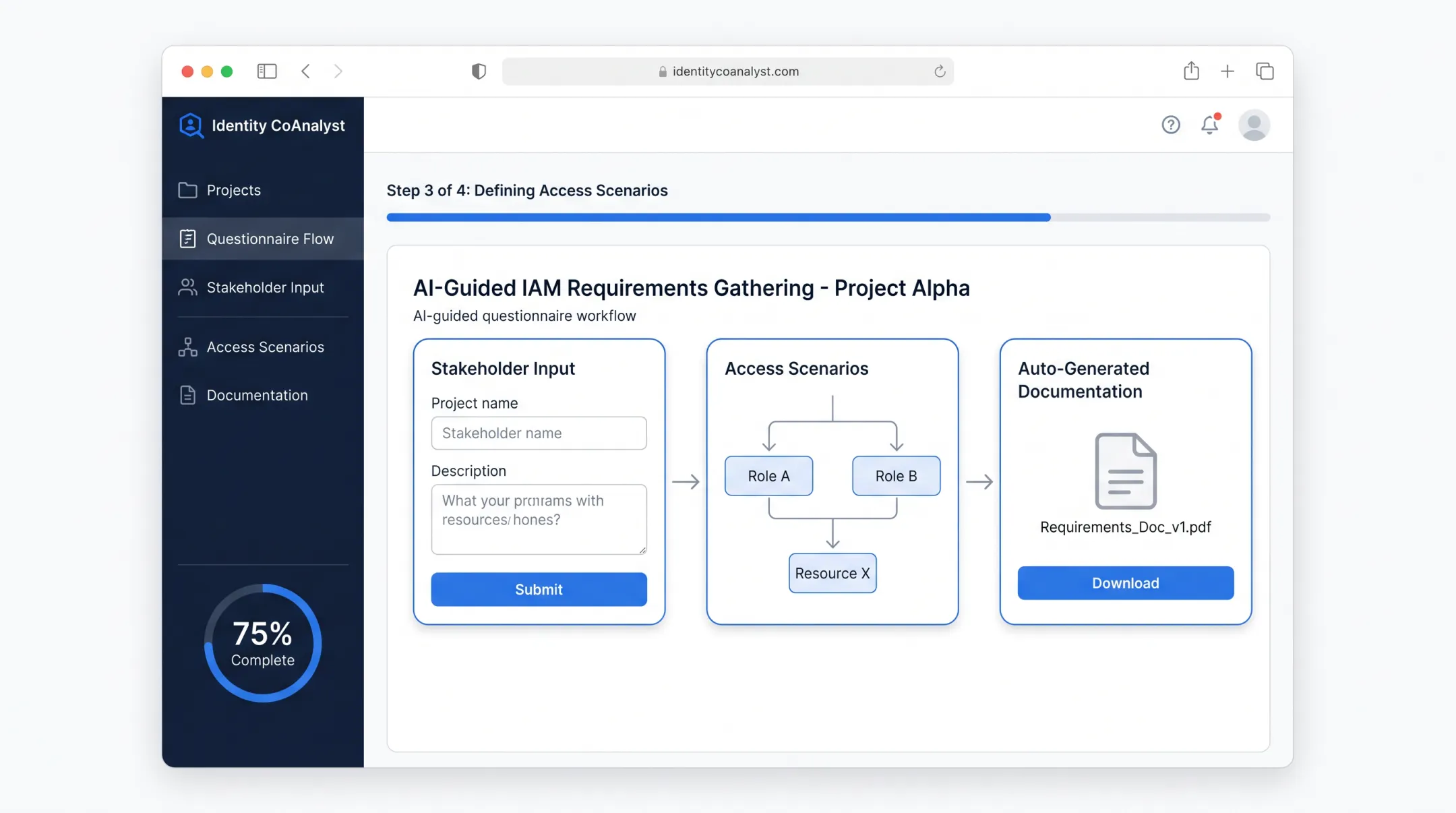 Identity CoAnalyst platform interface showing AI-guided requirements questionnaire