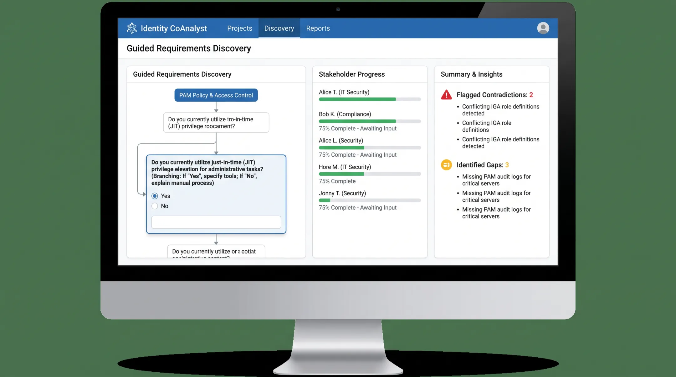 Identity CoAnalyst platform dashboard showing IAM requirements questionnaire interface