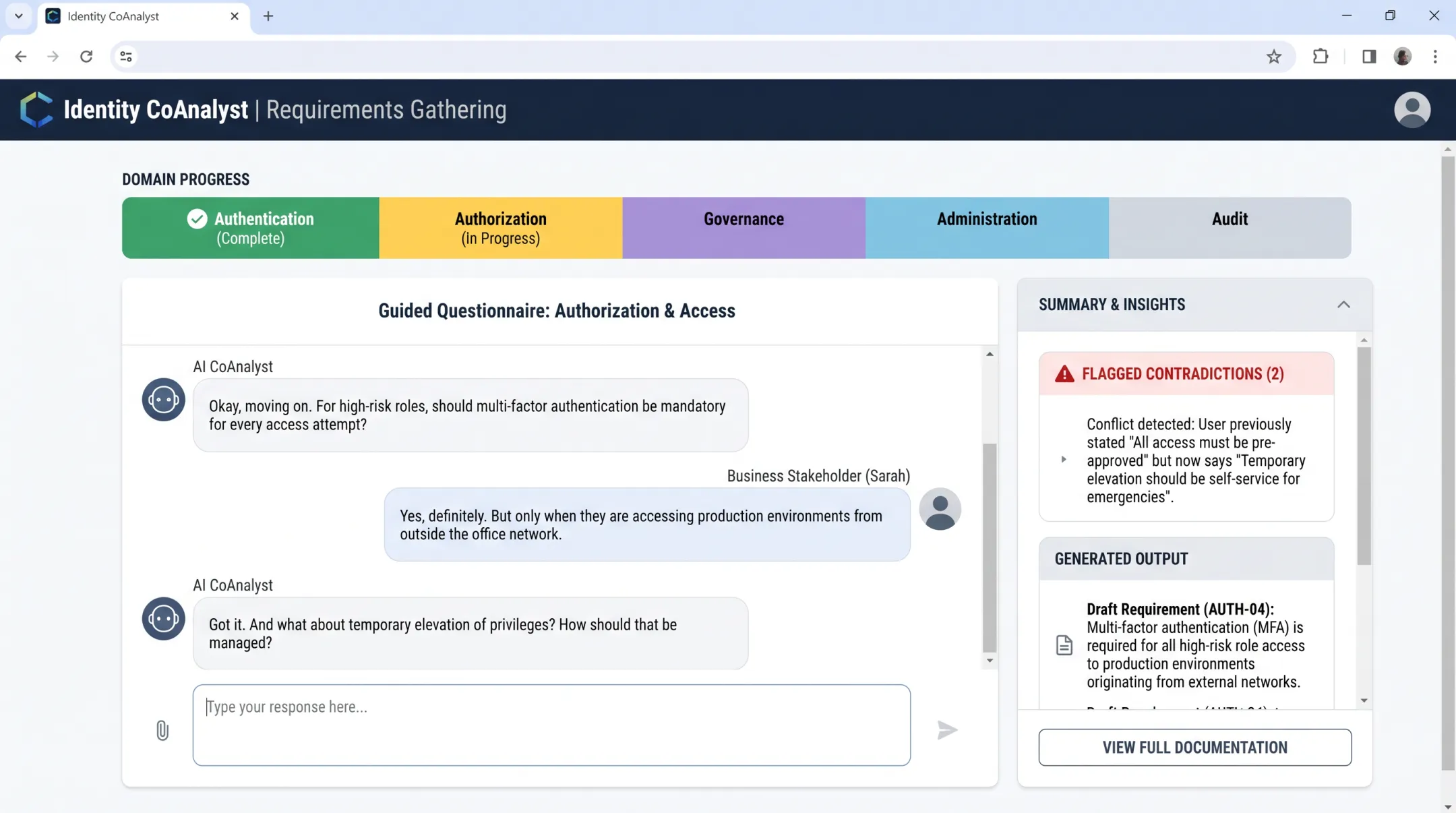 Identity CoAnalyst conversational questionnaire interface gathering IAM requirements from stakeholders