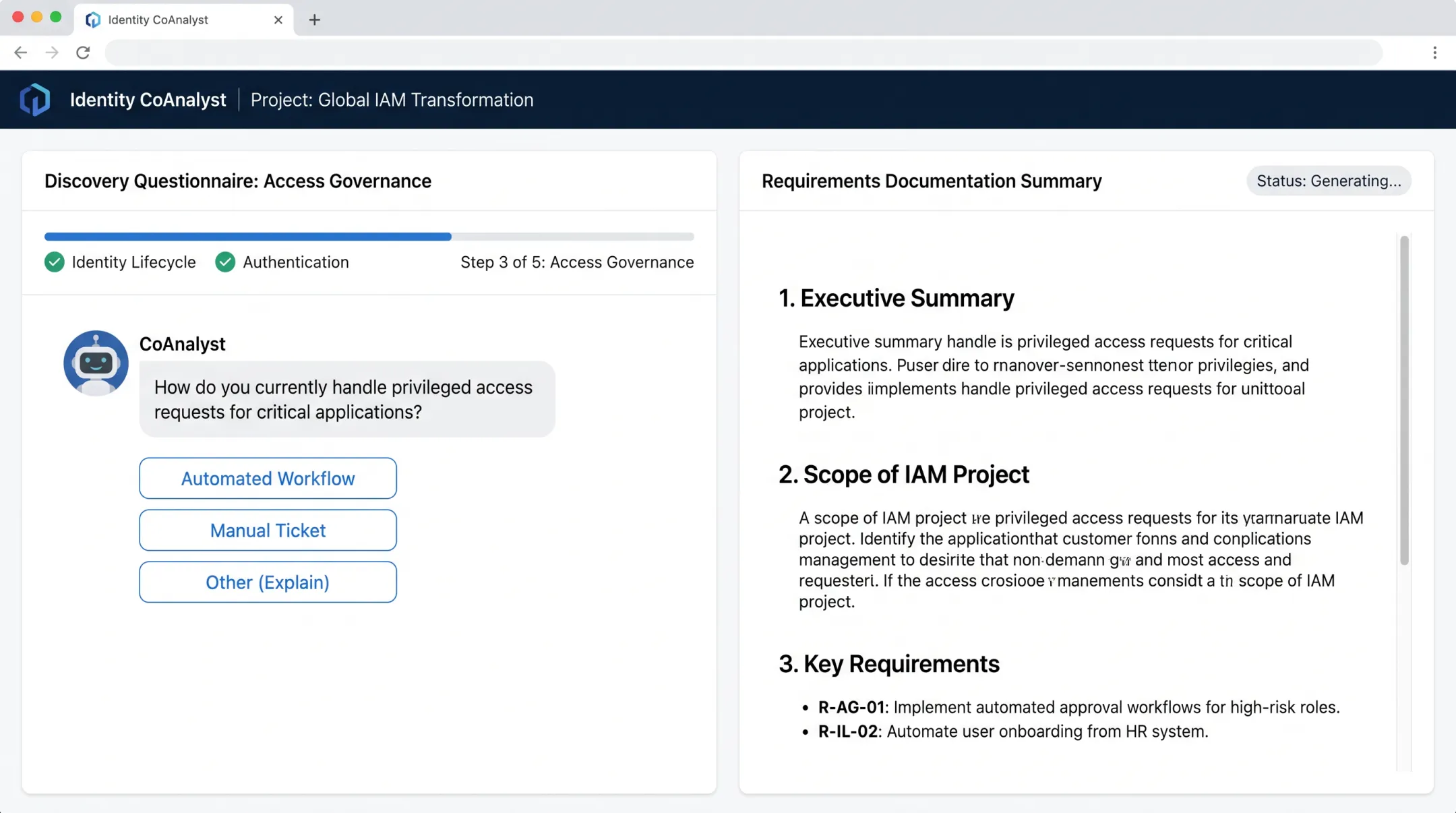 Identity CoAnalyst AI-guided requirements discovery platform interface screenshot