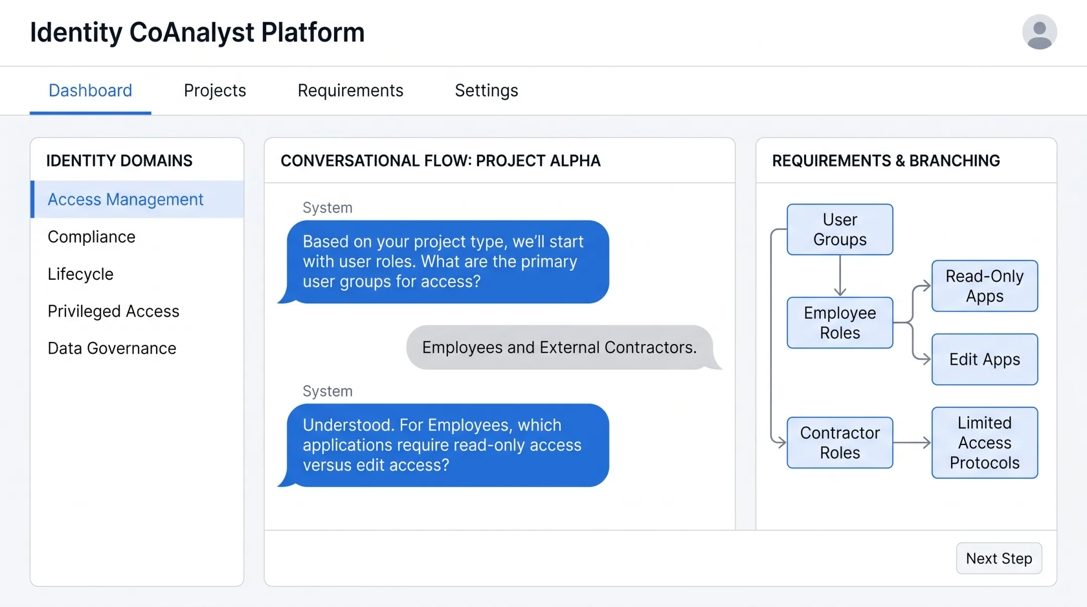 Identity CoAnalyst platform interface showing industry-specific requirements gathering questions