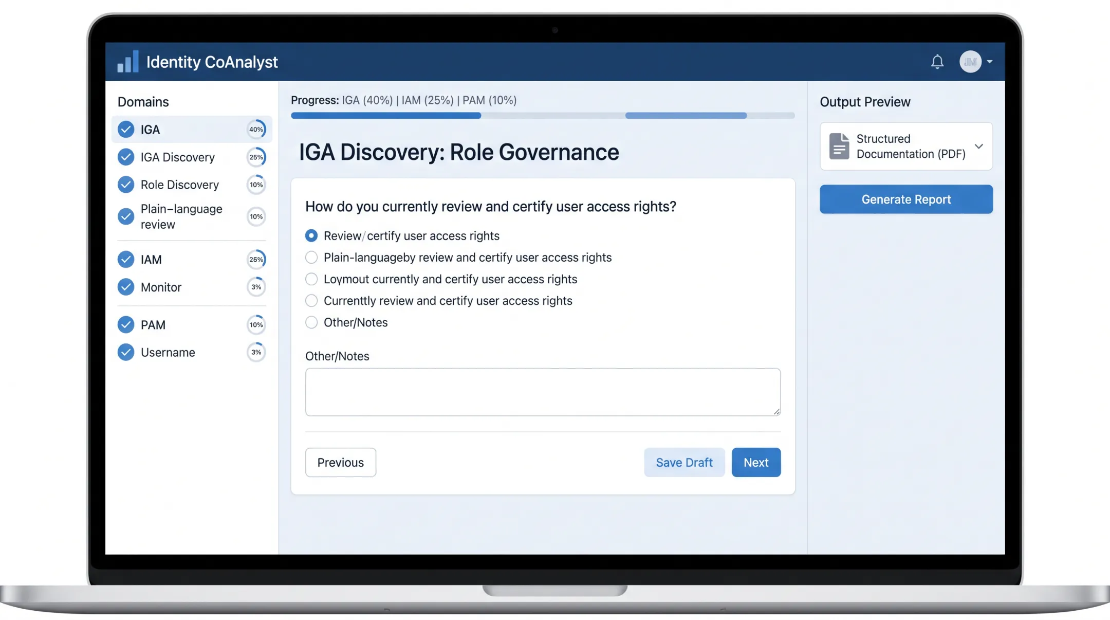 Identity CoAnalyst platform dashboard showing requirements gathering questionnaire interface