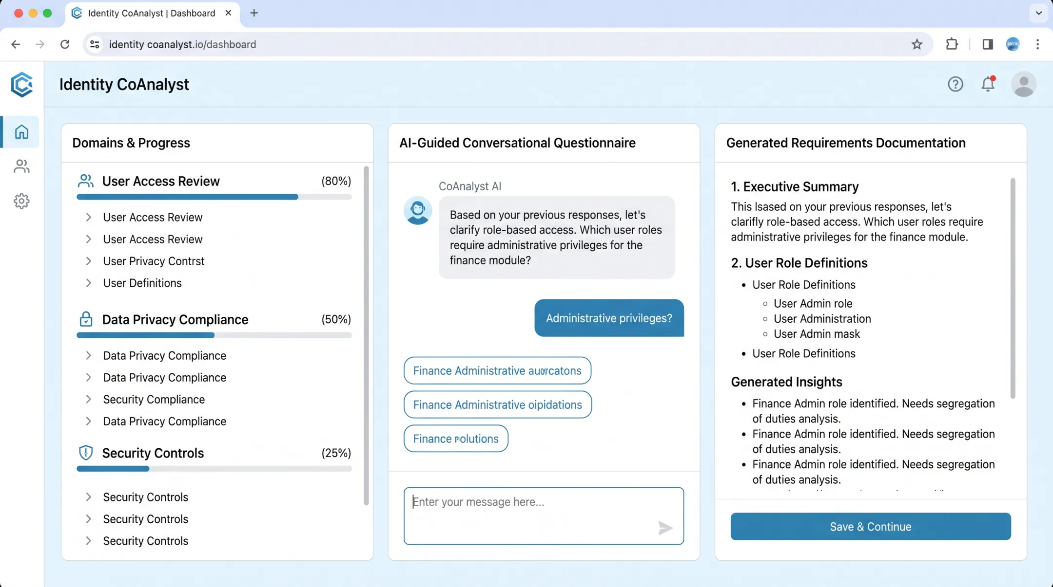 Identity CoAnalyst platform dashboard showing requirements gathering questionnaire interface