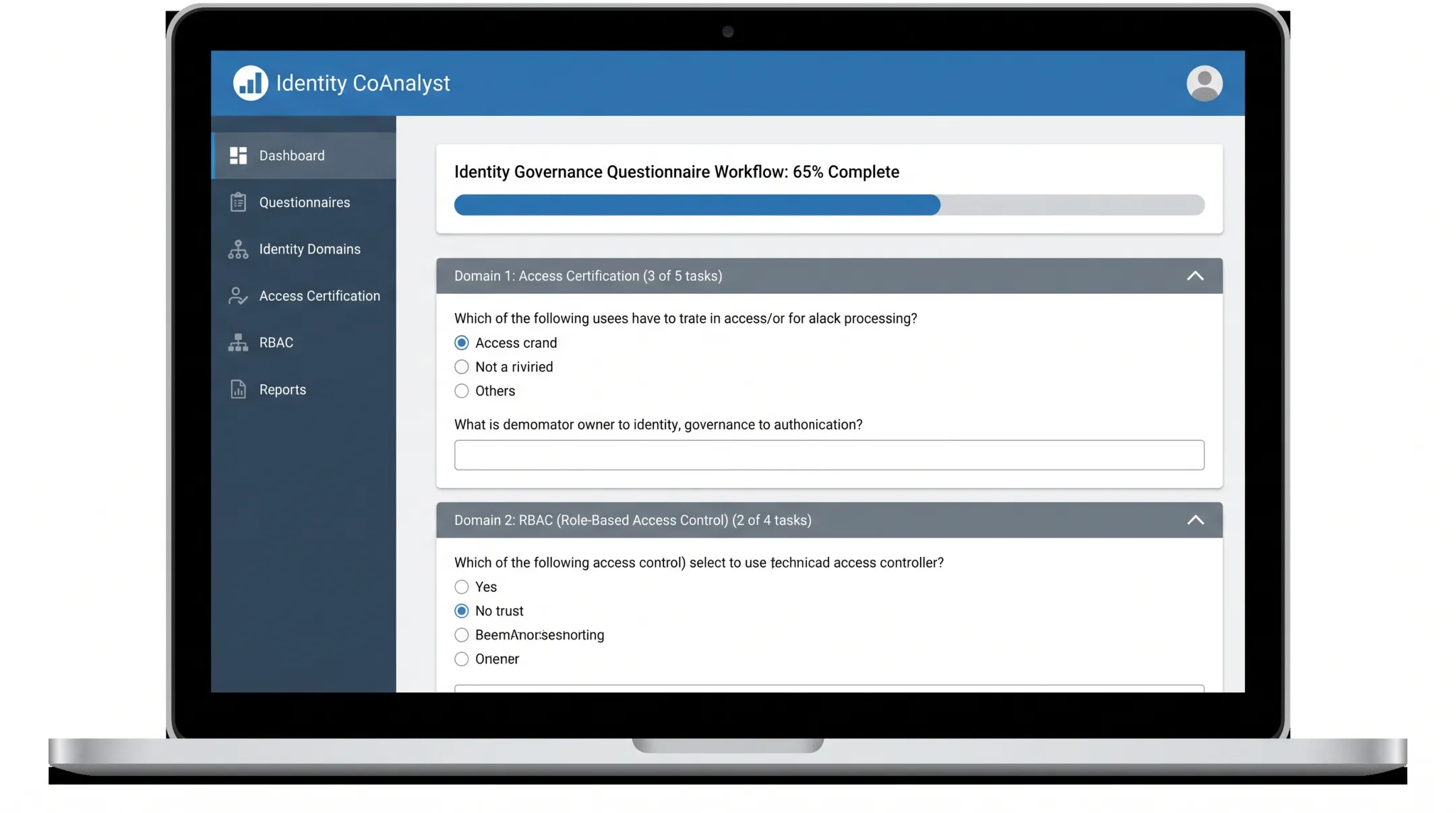 Identity CoAnalyst platform dashboard showing identity domain question categories