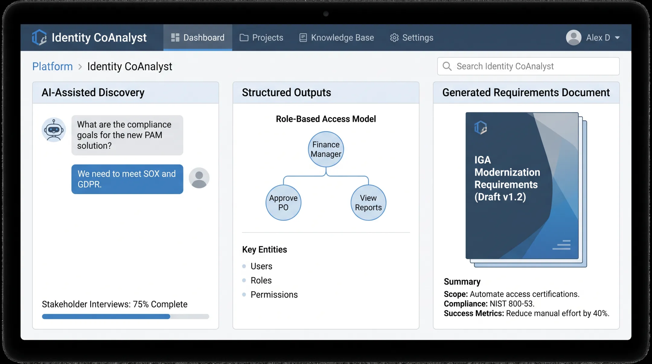 Identity CoAnalyst platform interface showing AI-assisted stakeholder discovery workflow