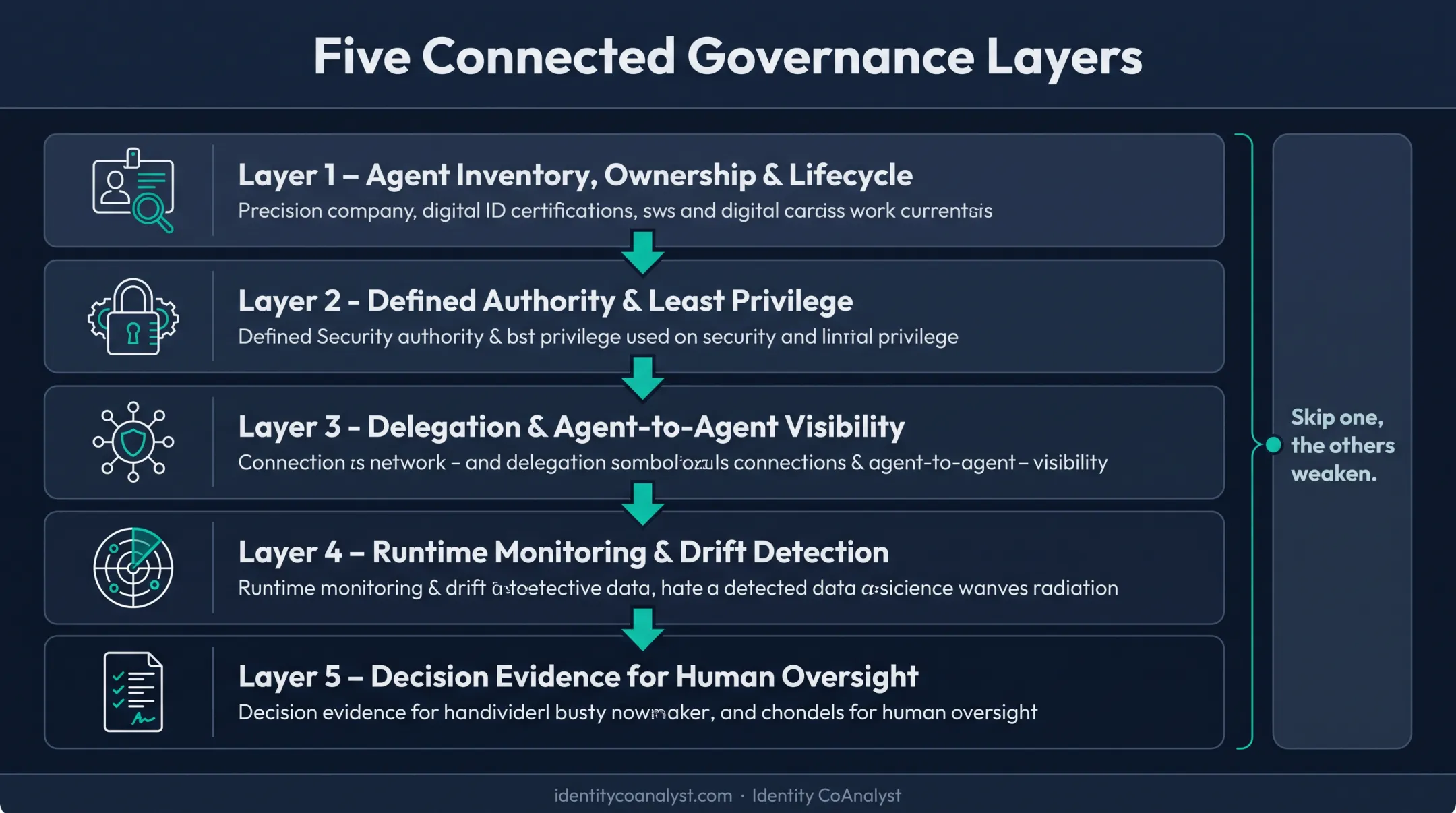 Five-layer agentic identity governance framework overview diagram
