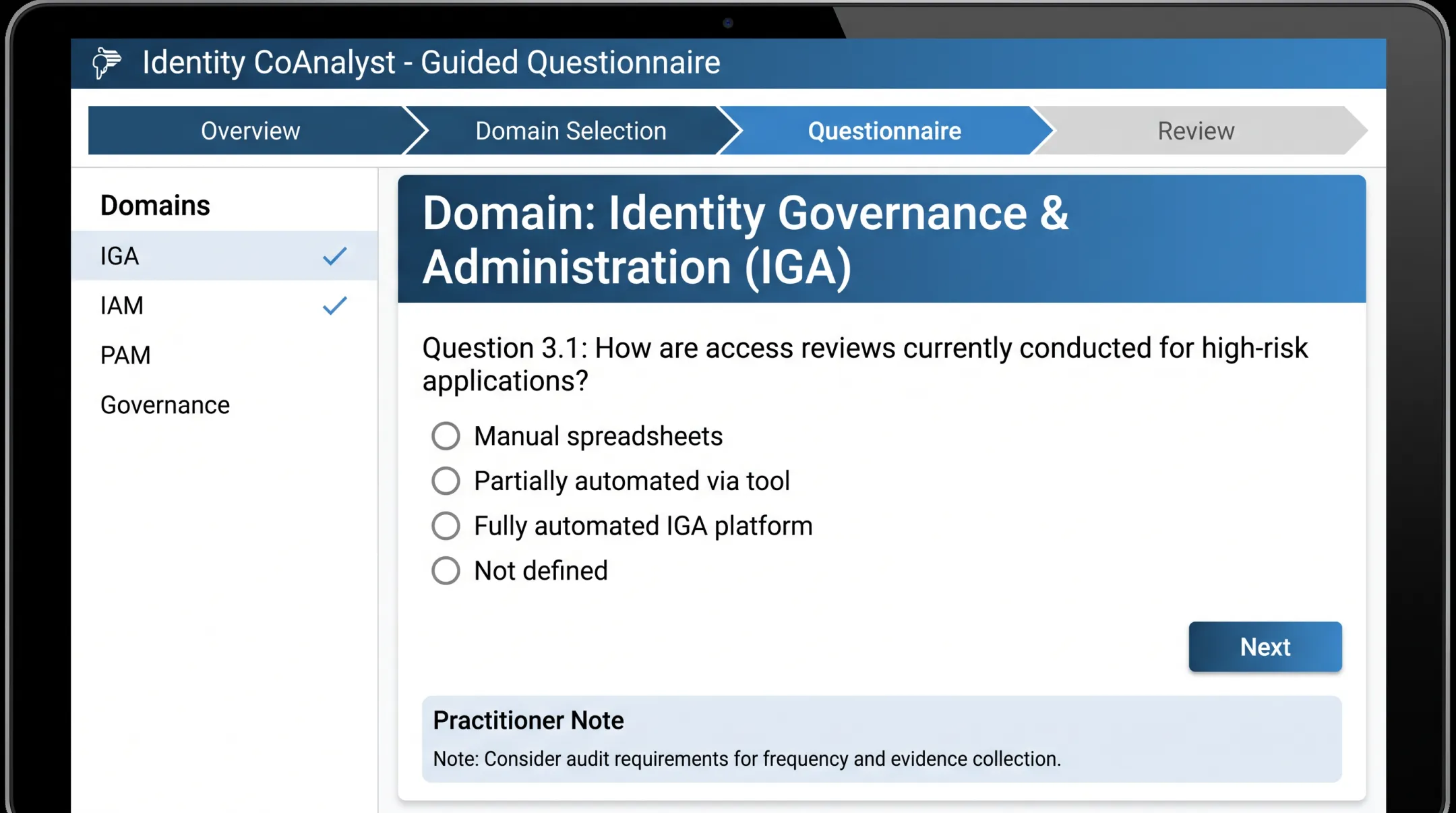 Identity CoAnalyst questionnaire interface showing IGA IAM PAM domains