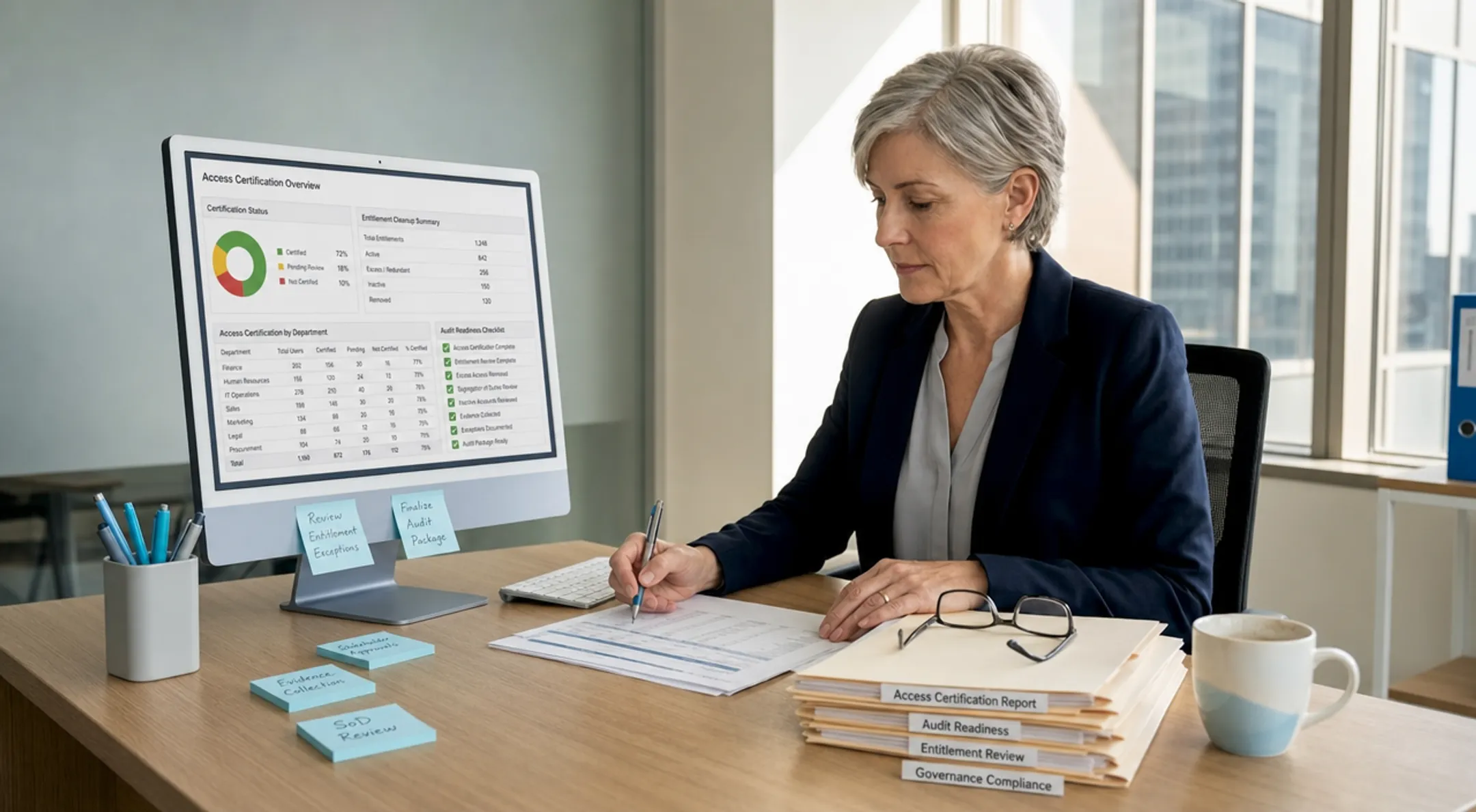 Compliance auditor reviewing access certification reports and entitlement records