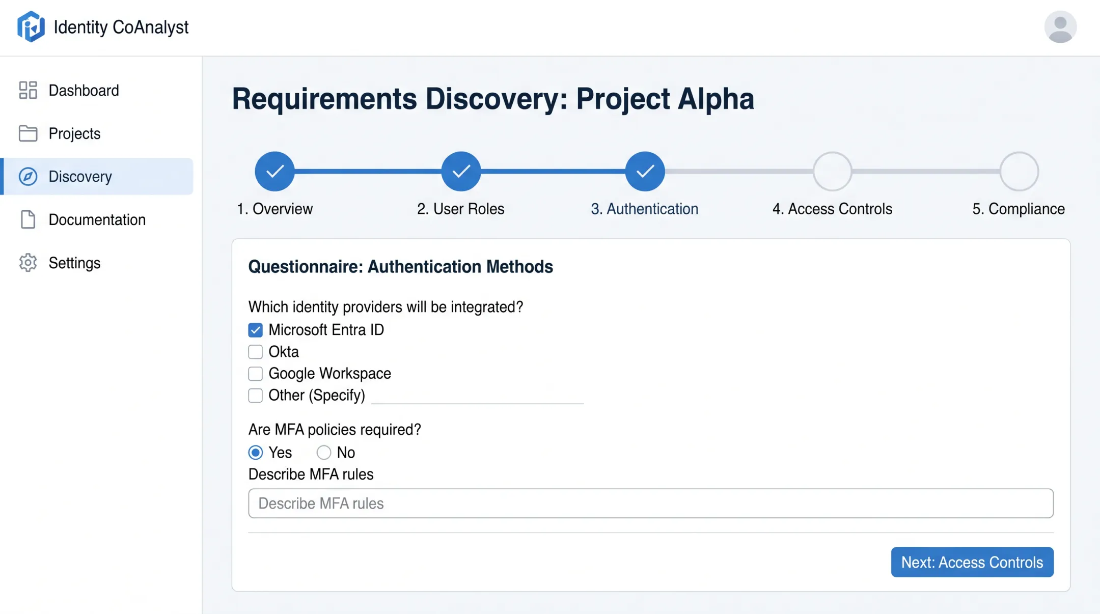 Identity CoAnalyst platform interface guiding identity requirements discovery questionnaire