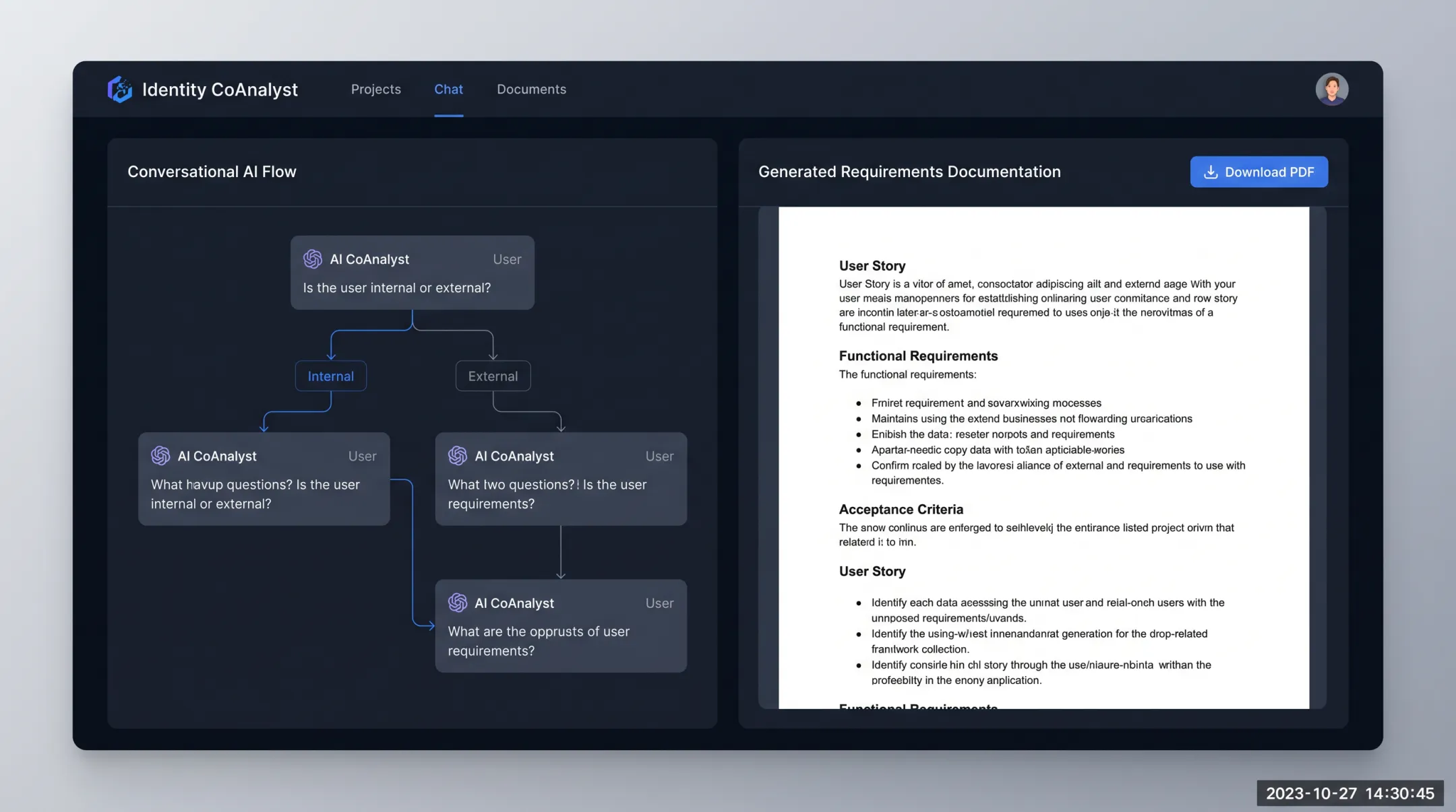 Identity CoAnalyst platform dashboard showing requirements gathering interface