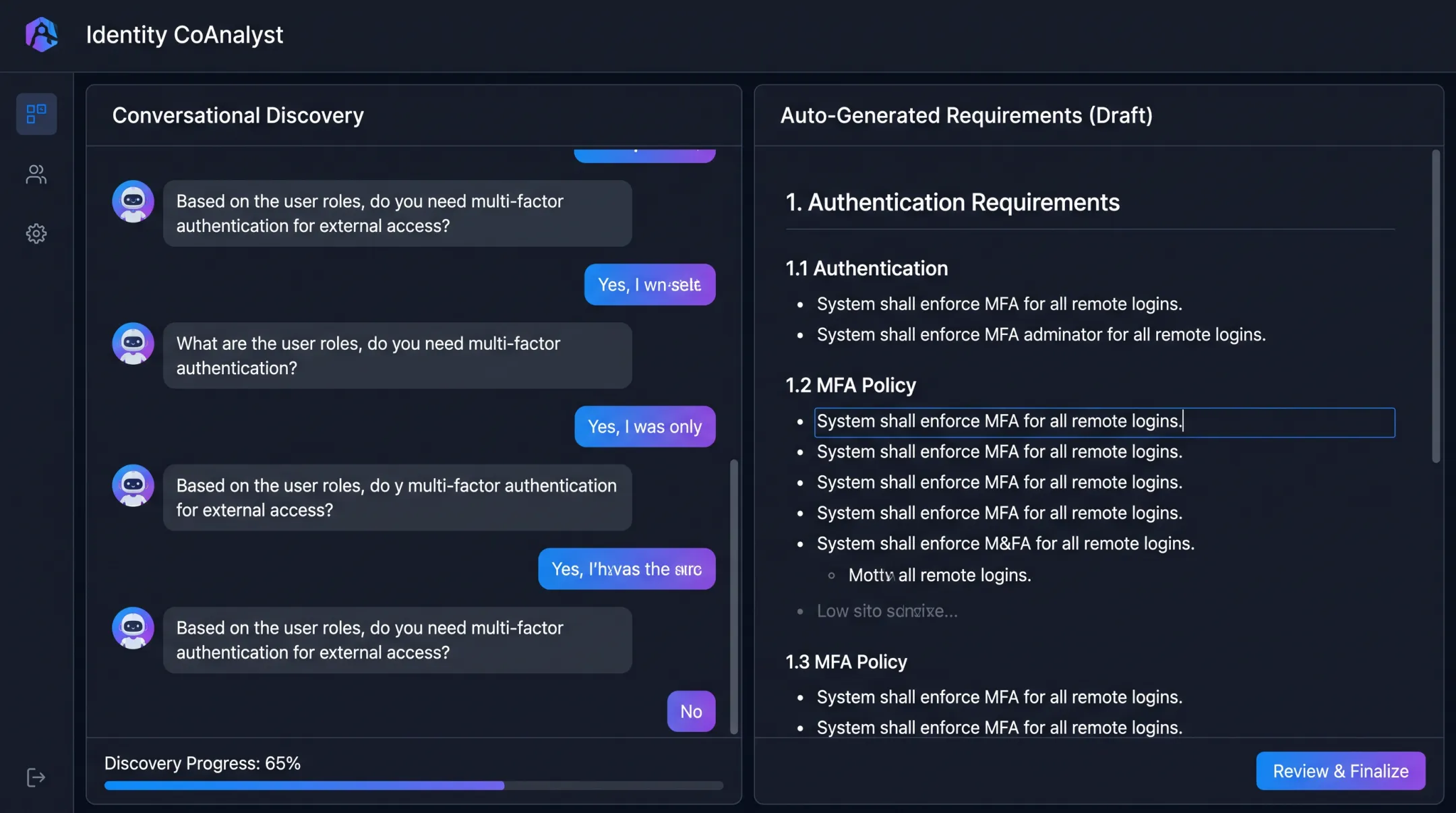 Identity CoAnalyst platform interface showing guided access requirements questionnaire