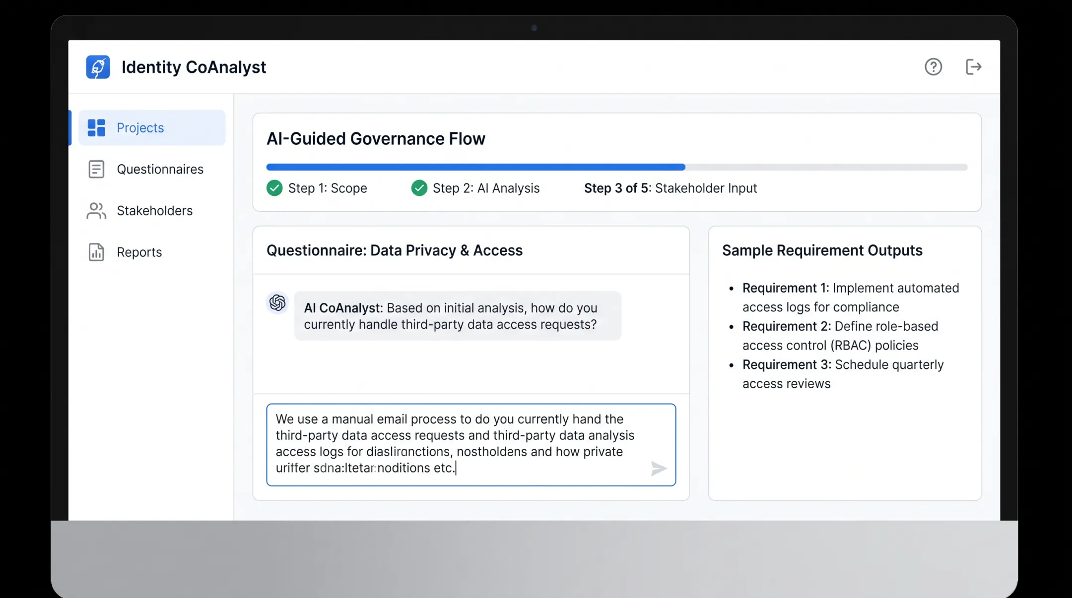 Identity CoAnalyst AI-guided questionnaire dashboard for IGA requirements gathering