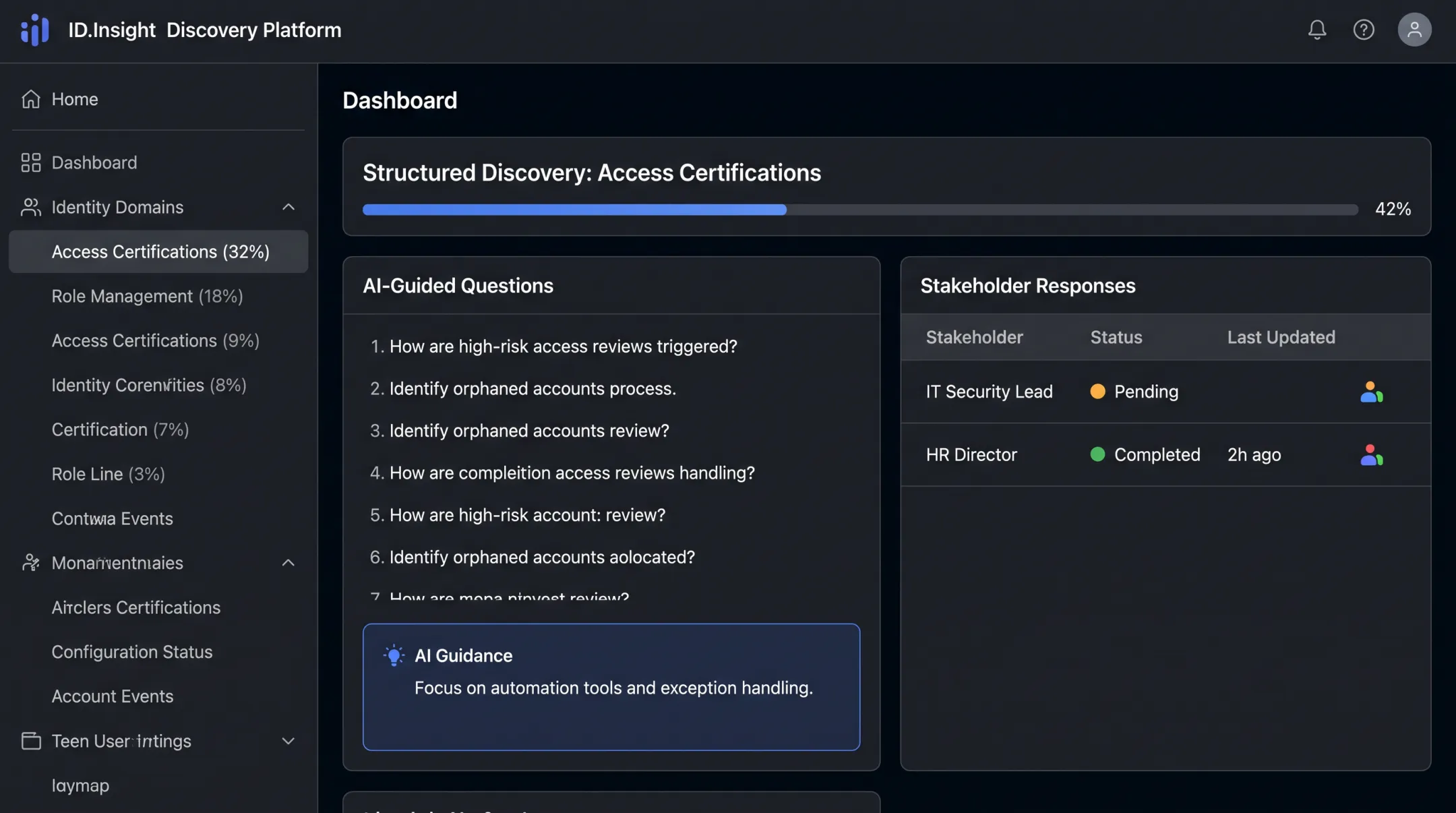 AI-guided identity discovery platform dashboard showing practitioner questions across domains
