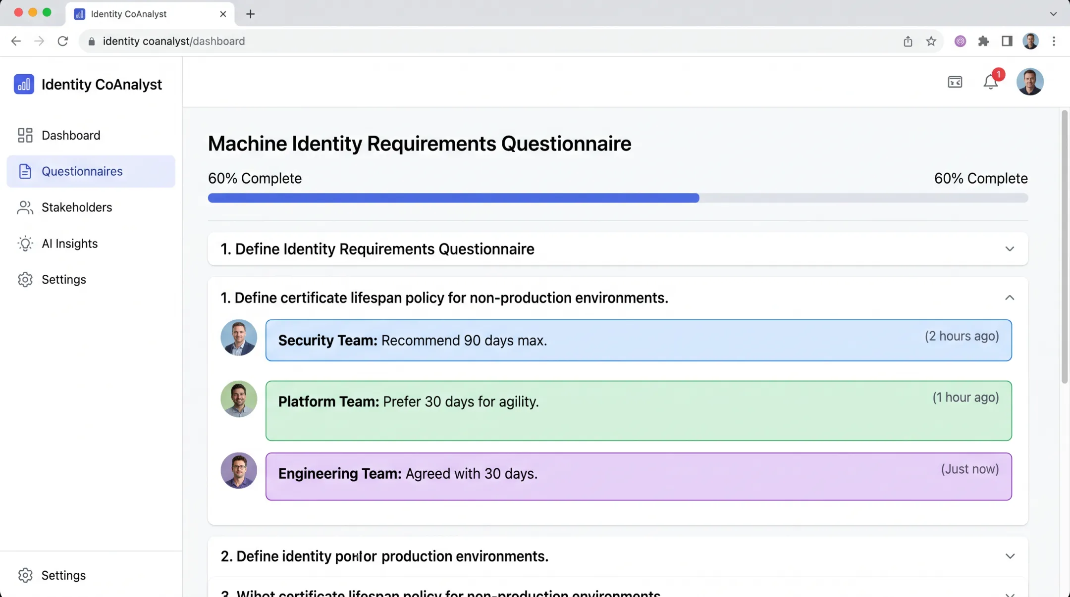 Identity CoAnalyst AI-guided questionnaire interface for gathering machine identity requirements