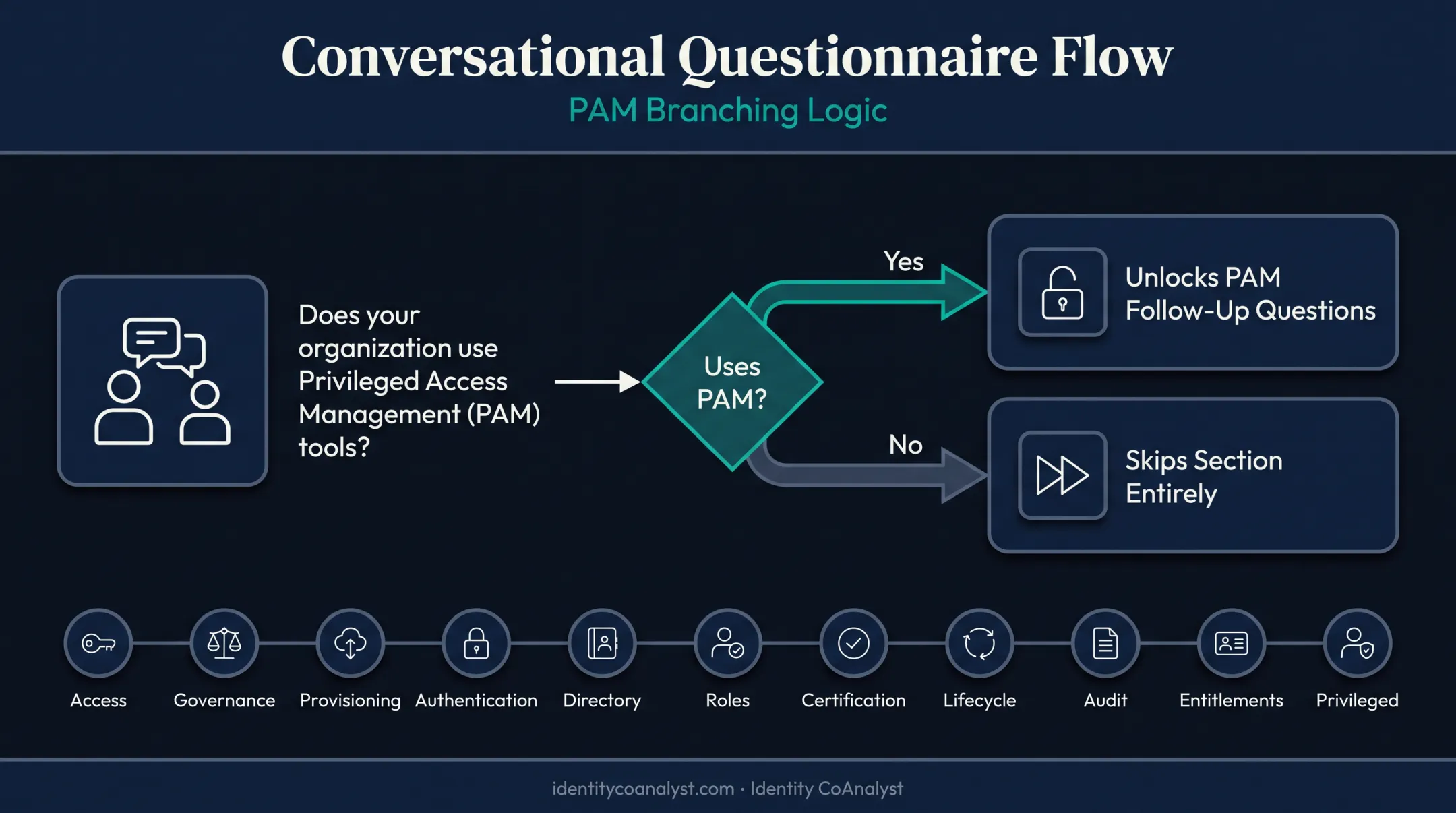 Guided questionnaire branching logic flow across 11 identity domains