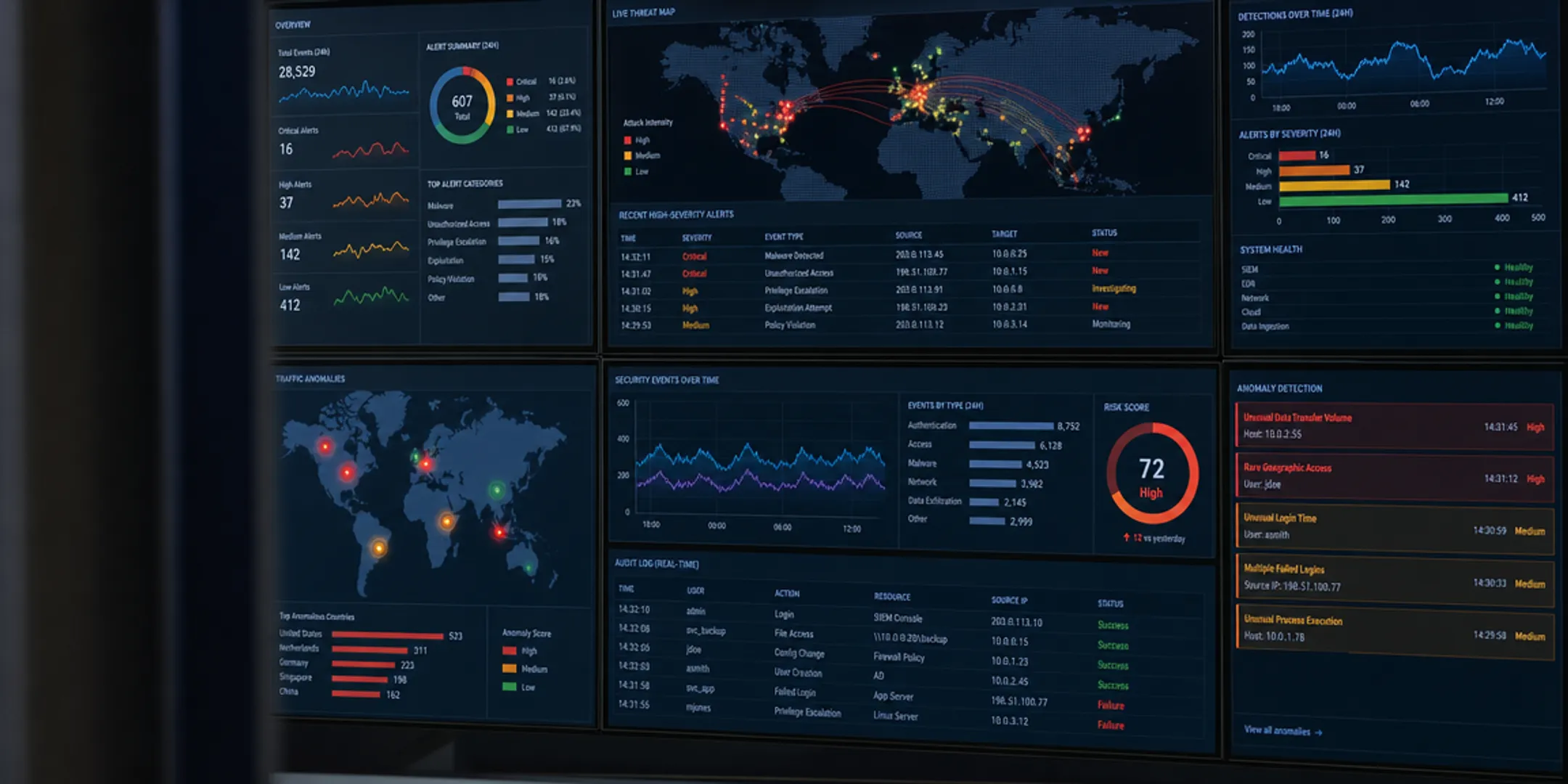 Security operations team monitoring identity access logs on dashboard screens