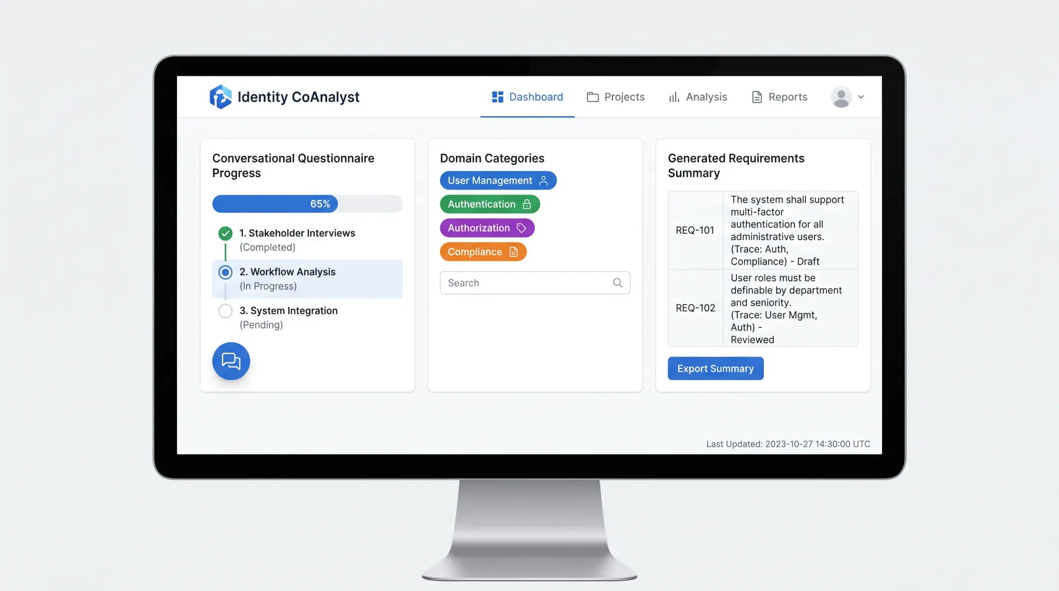Identity CoAnalyst platform dashboard showing AI-guided questionnaire results