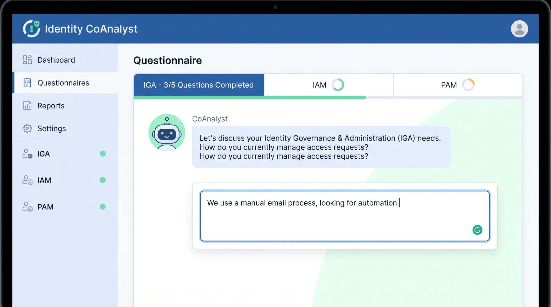 Identity CoAnalyst platform interface showing practitioner questionnaire for IGA IAM PAM