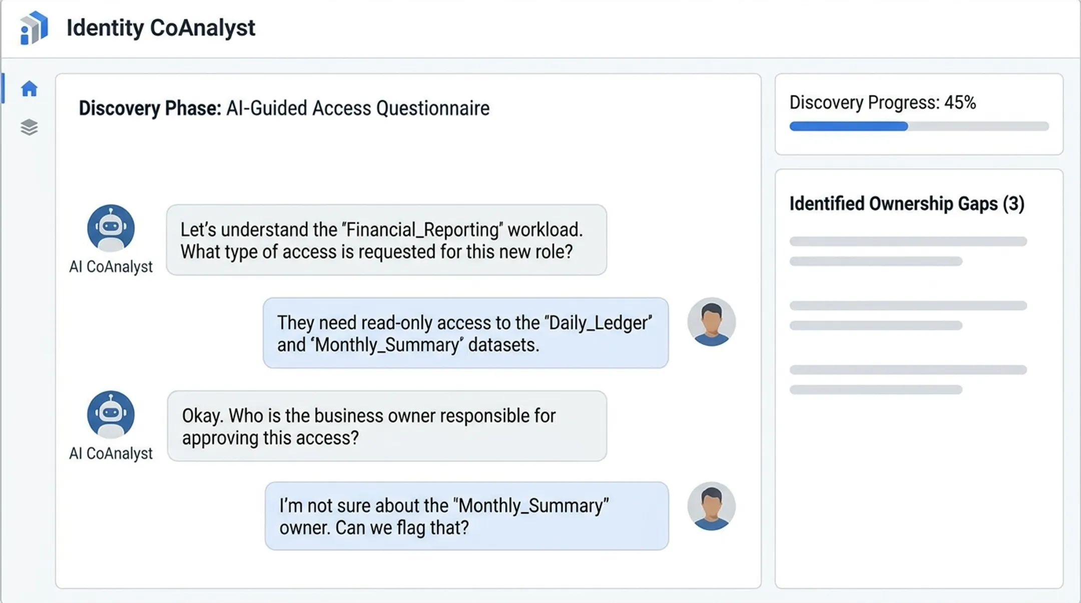 Identity CoAnalyst platform interface displaying workload access discovery questionnaire