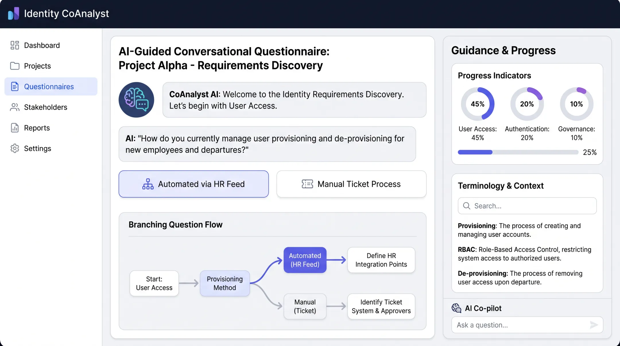 Identity CoAnalyst platform interface showing AI-guided requirements discovery questionnaire