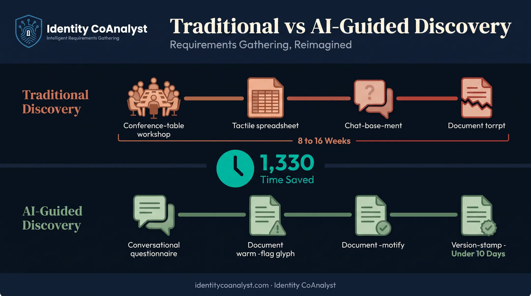 Traditional IAM requirements gathering timeline versus AI-guided discovery process