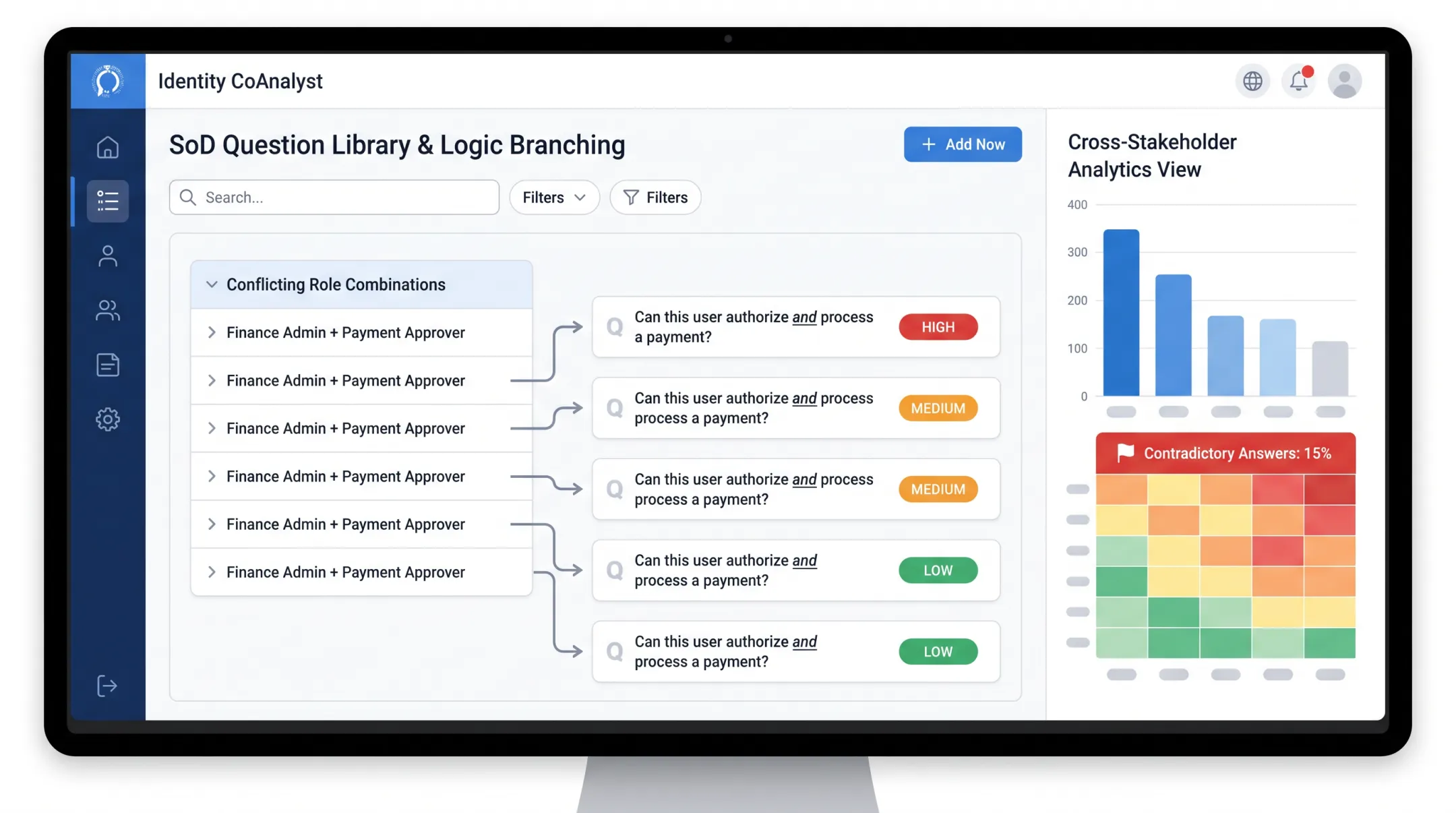 Identity CoAnalyst platform interface displaying SoD question library and conditional logic