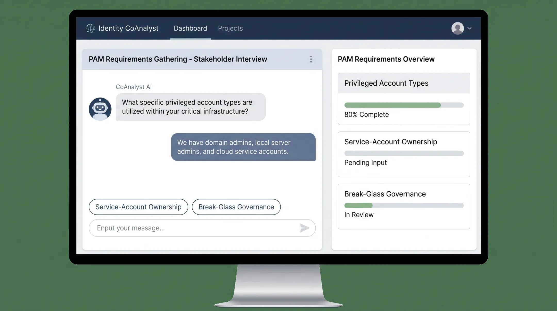 Identity CoAnalyst platform interface for PAM requirements gathering