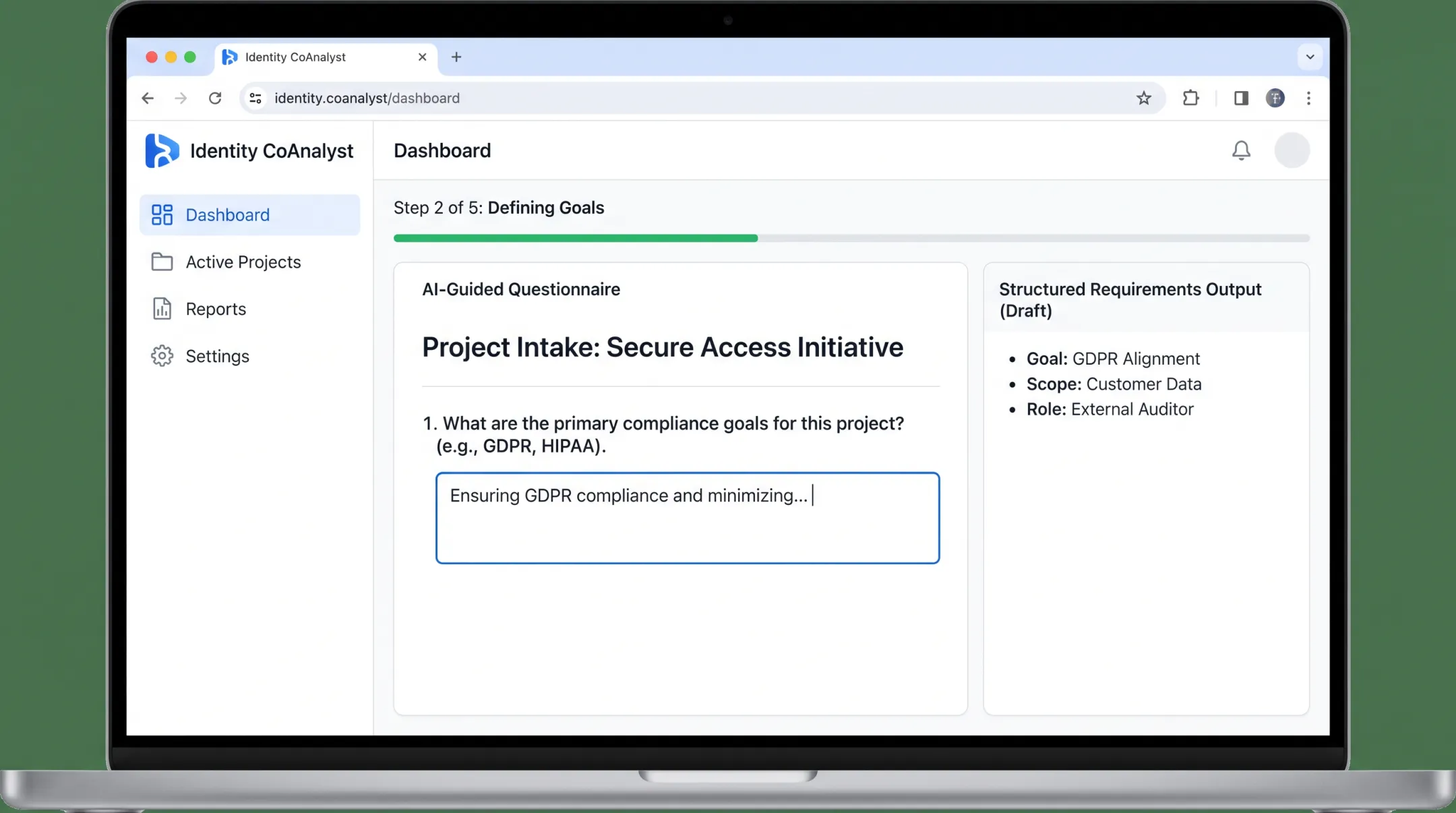 Identity CoAnalyst AI-guided questionnaire platform dashboard interface