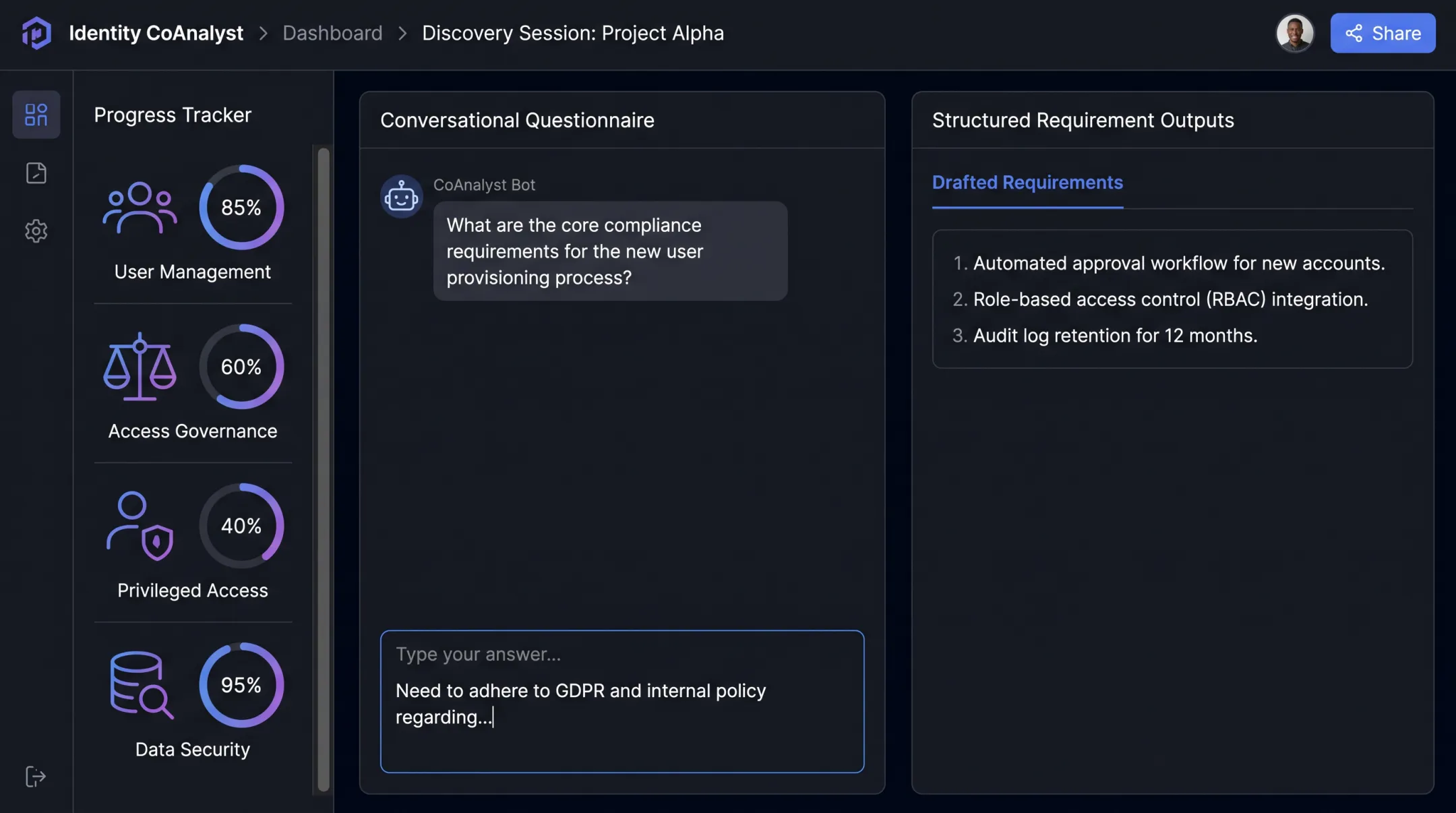 Identity CoAnalyst platform dashboard showing requirements discovery progress
