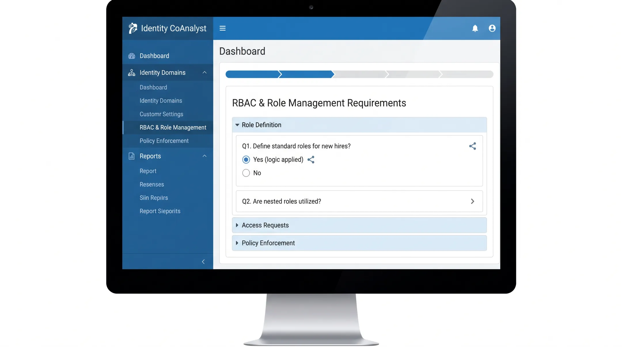 Identity CoAnalyst platform dashboard showing requirements gathering questions