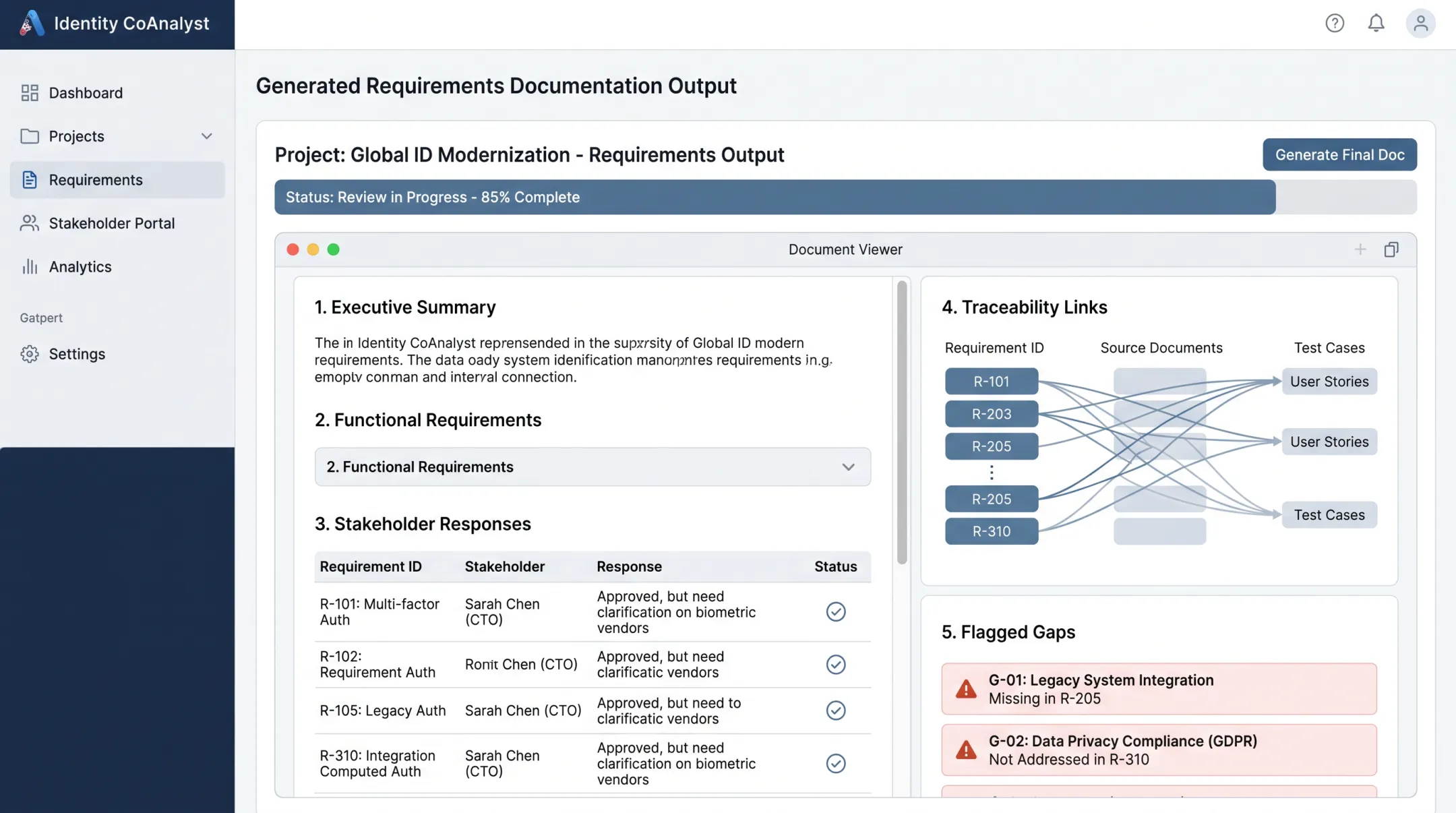 Identity CoAnalyst platform dashboard generating implementation-ready requirements documentation