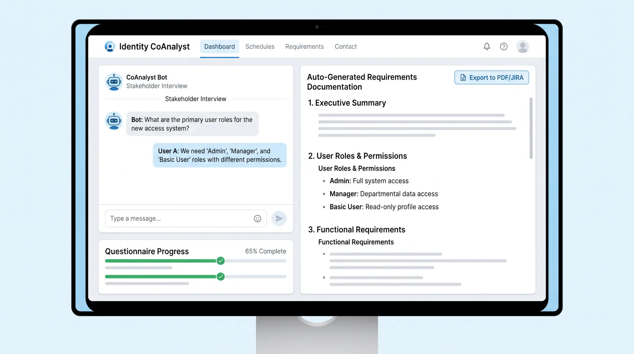 Identity CoAnalyst platform interface showing AI-guided requirements questionnaire