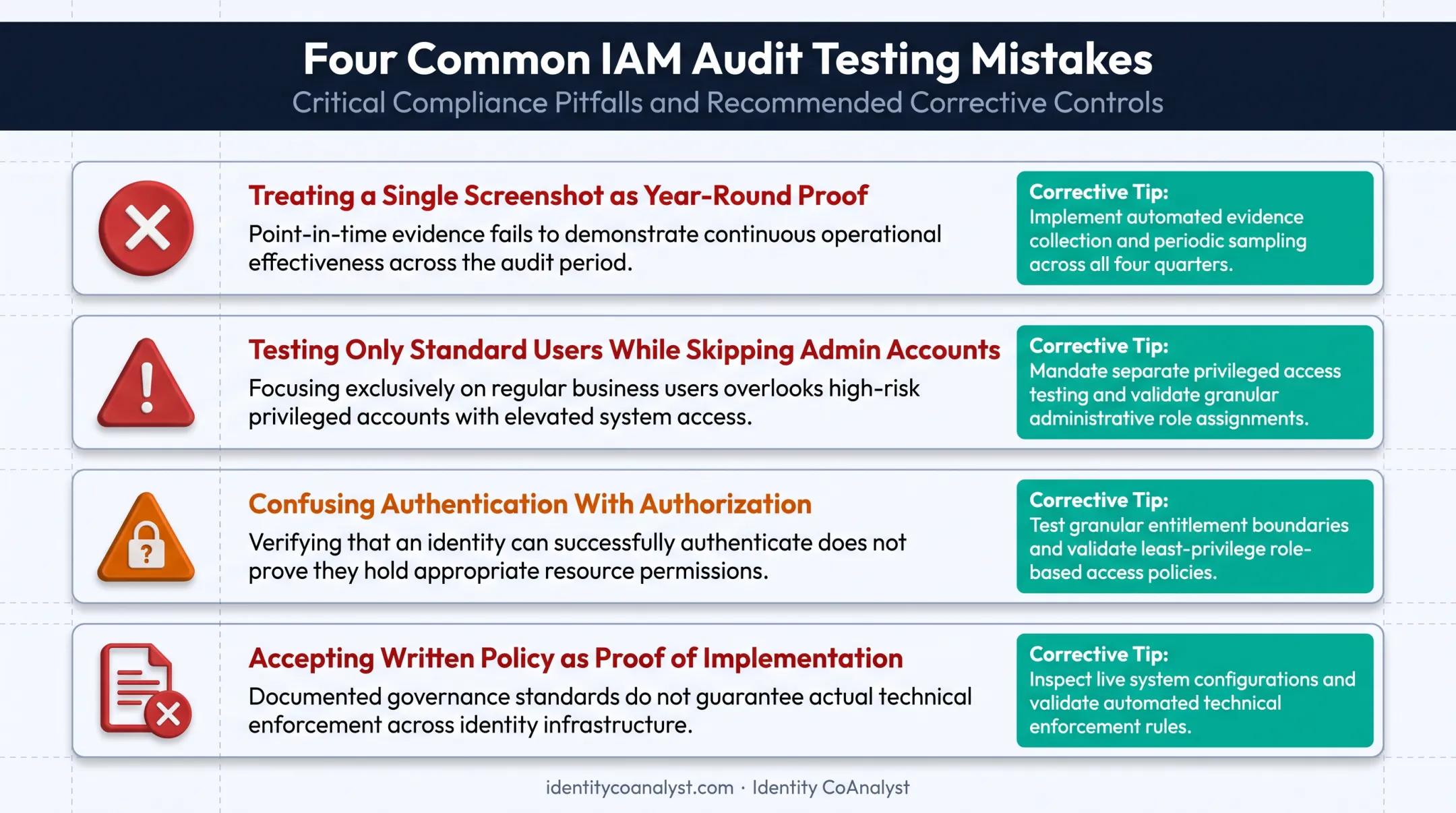 Common IAM audit testing mistakes and evidence pitfalls infographic