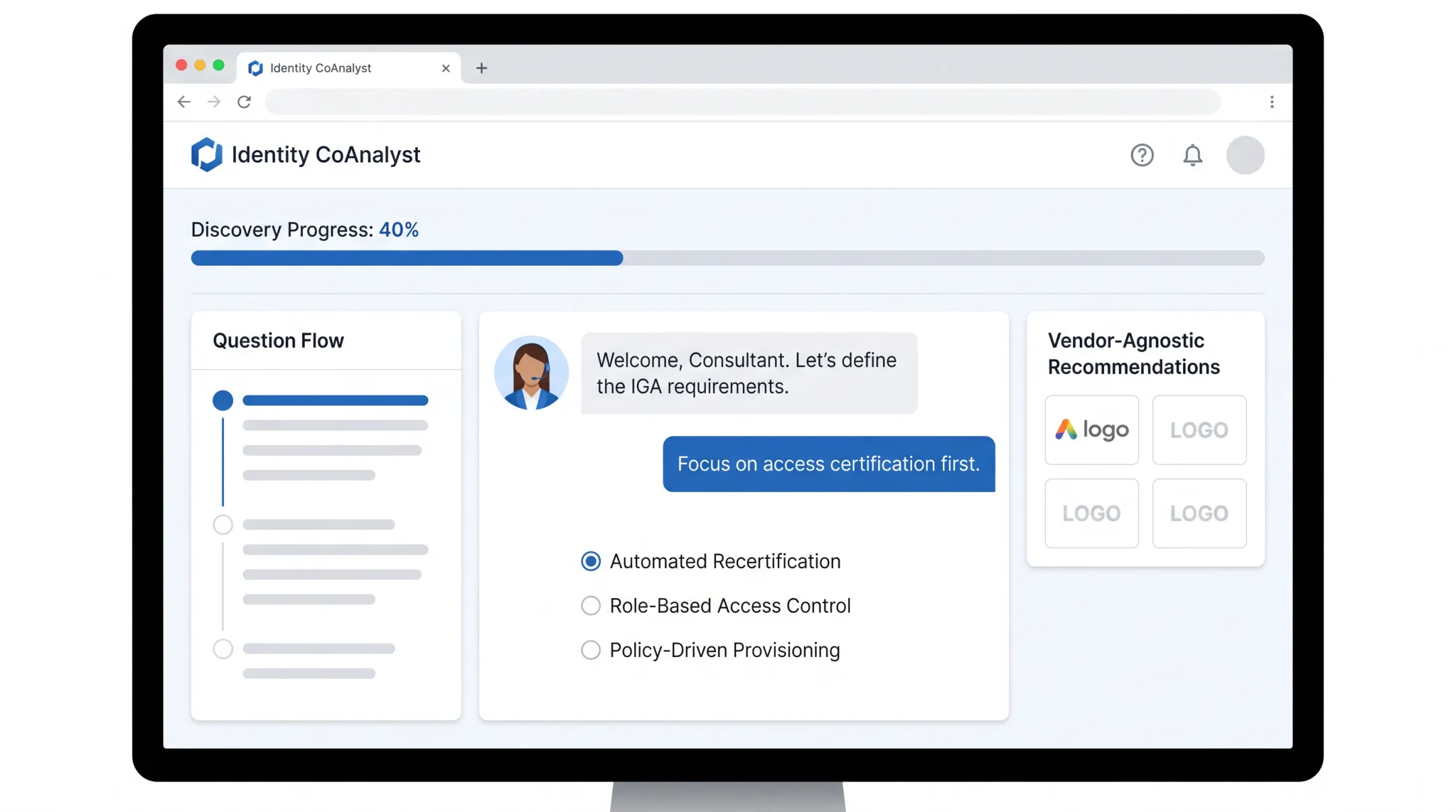 Identity CoAnalyst discovery platform guided questionnaire interface screenshot