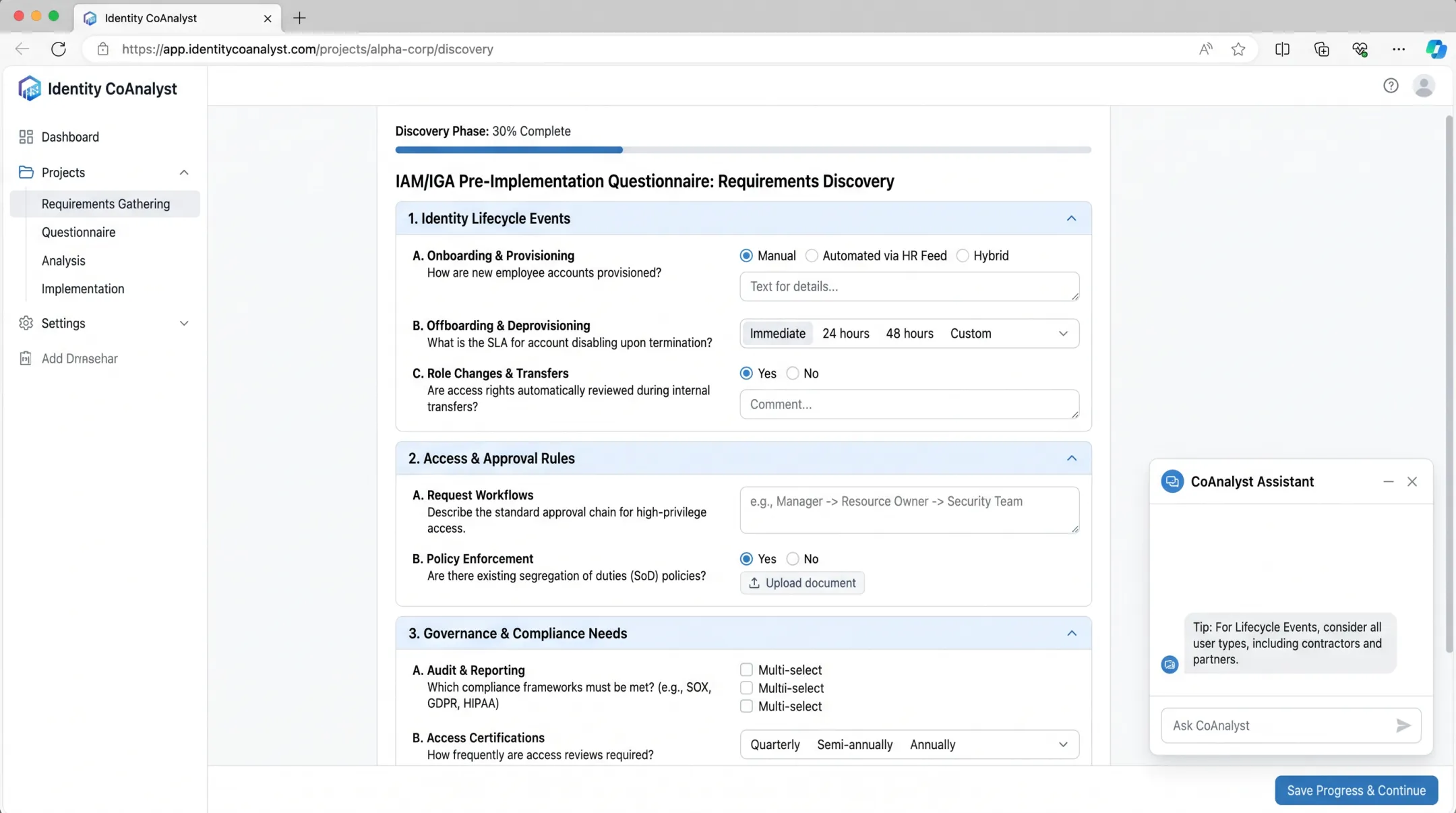 Identity CoAnalyst vendor-agnostic requirements gathering questionnaire platform interface