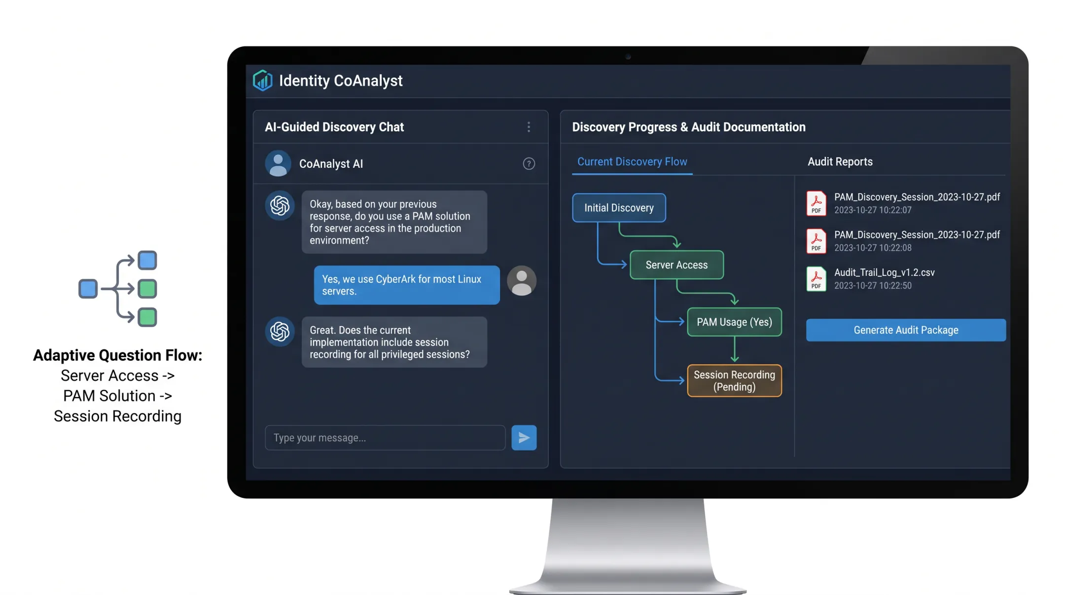 Identity CoAnalyst AI questionnaire interface for PAM discovery workflow