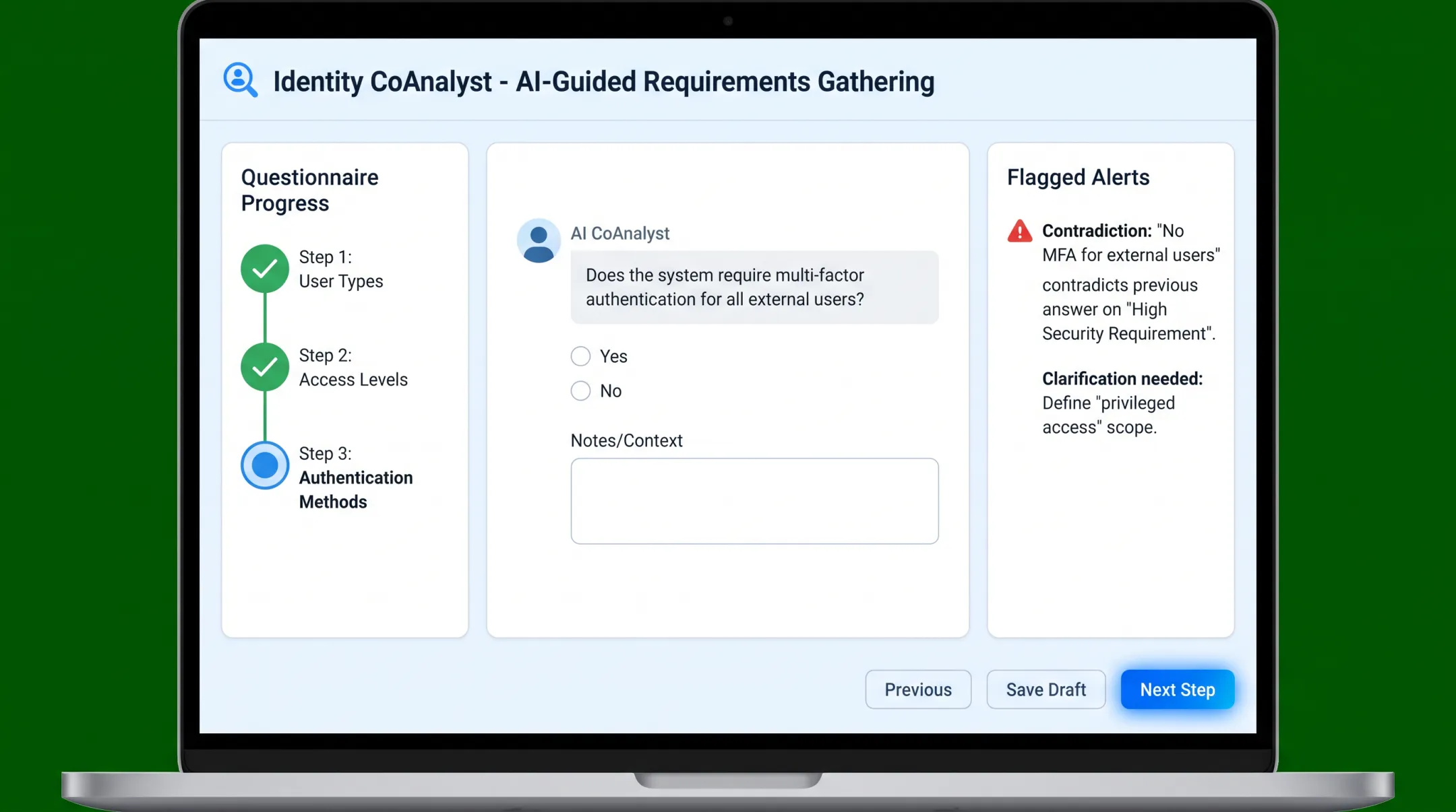 Identity CoAnalyst AI-guided stakeholder questionnaire interface screenshot