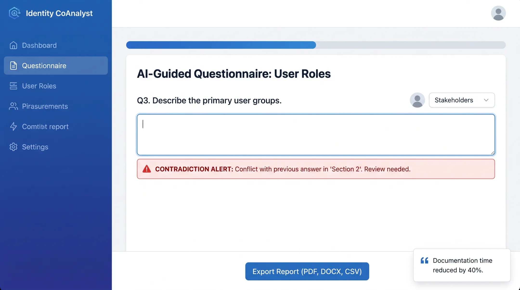 Identity CoAnalyst AI-guided questionnaire workflow interface for PAM documentation