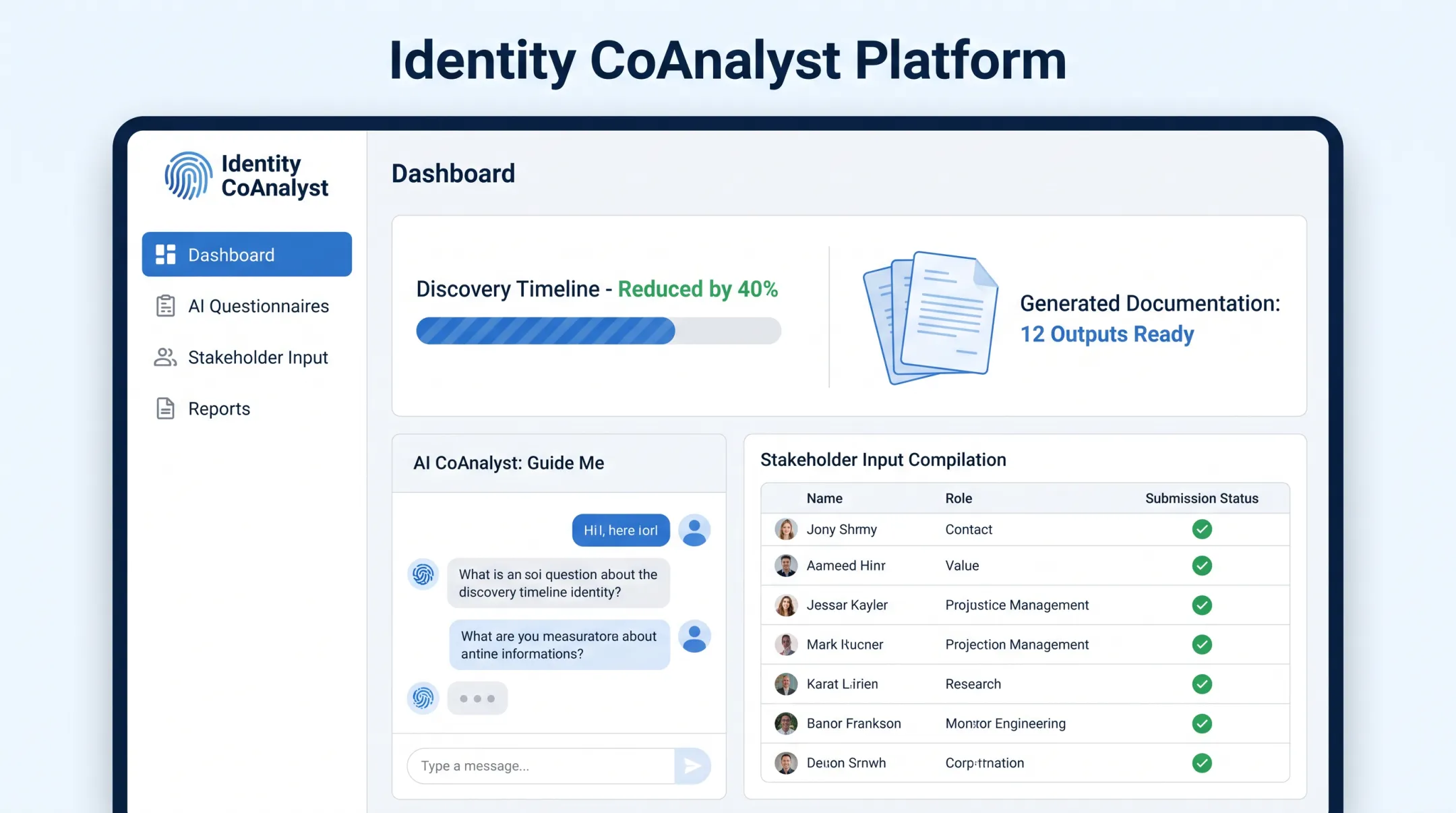 Identity CoAnalyst platform interface showing automated requirements discovery workflow