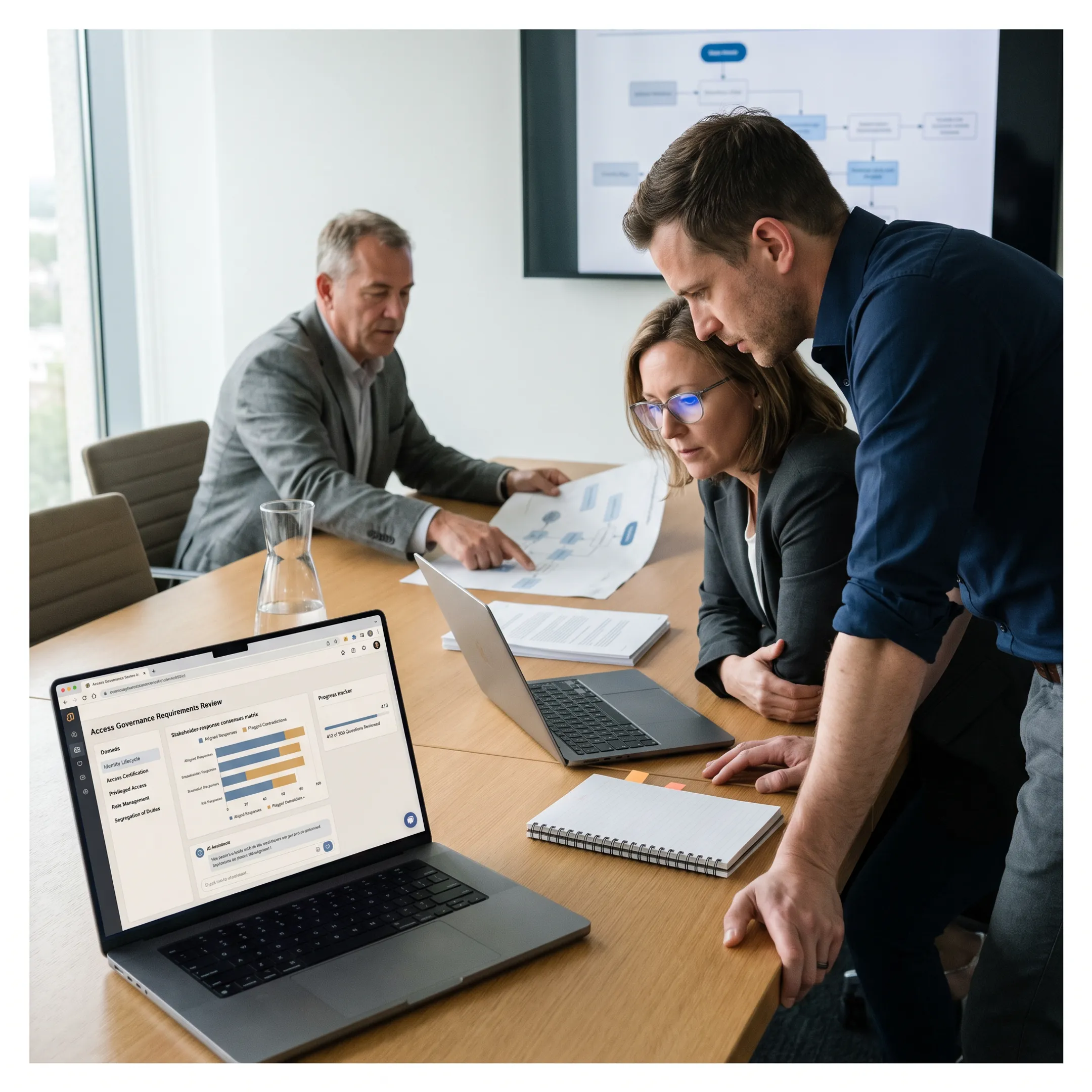 Identity professionals reviewing access management requirements