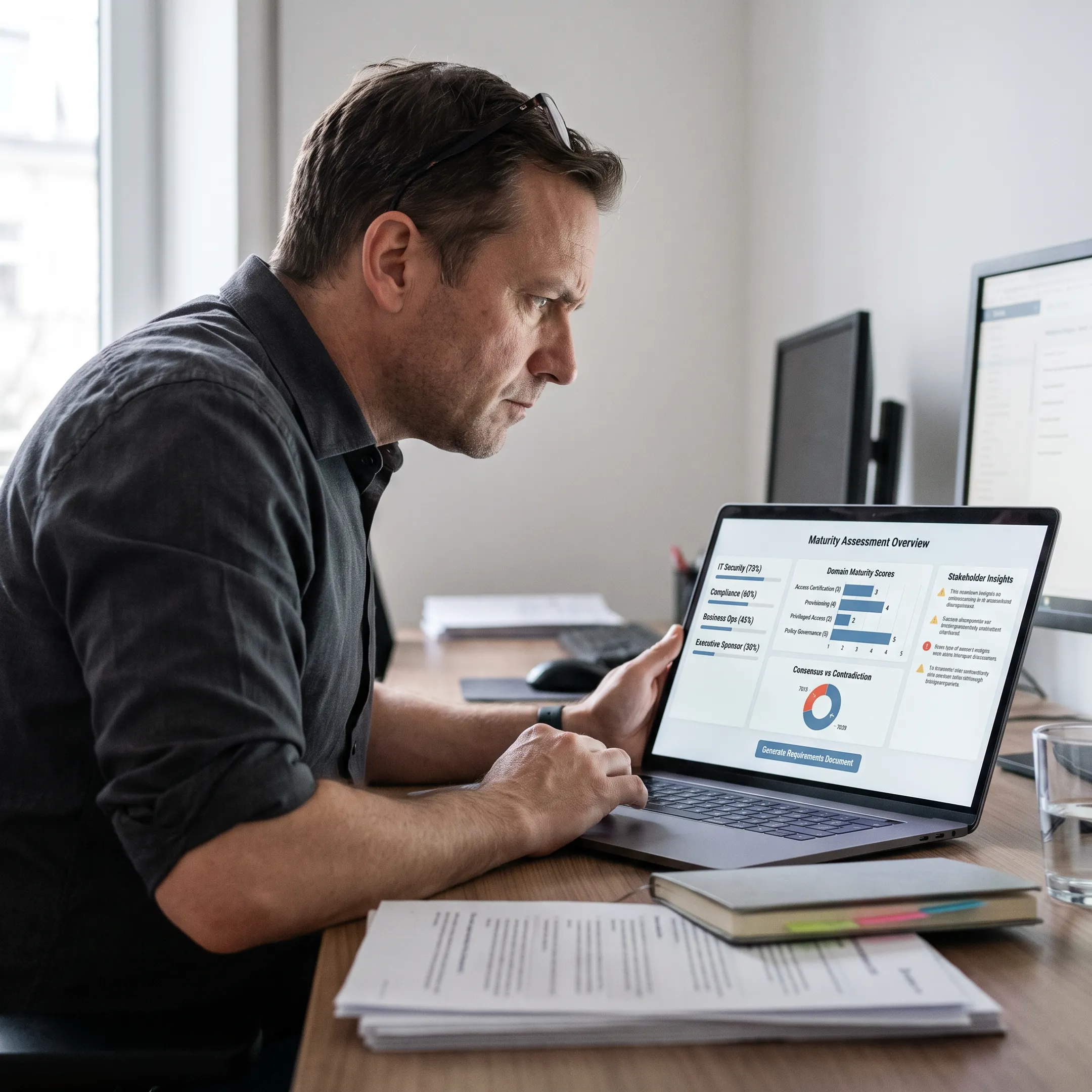 Consultant reviewing a digital maturity assessment dashboard