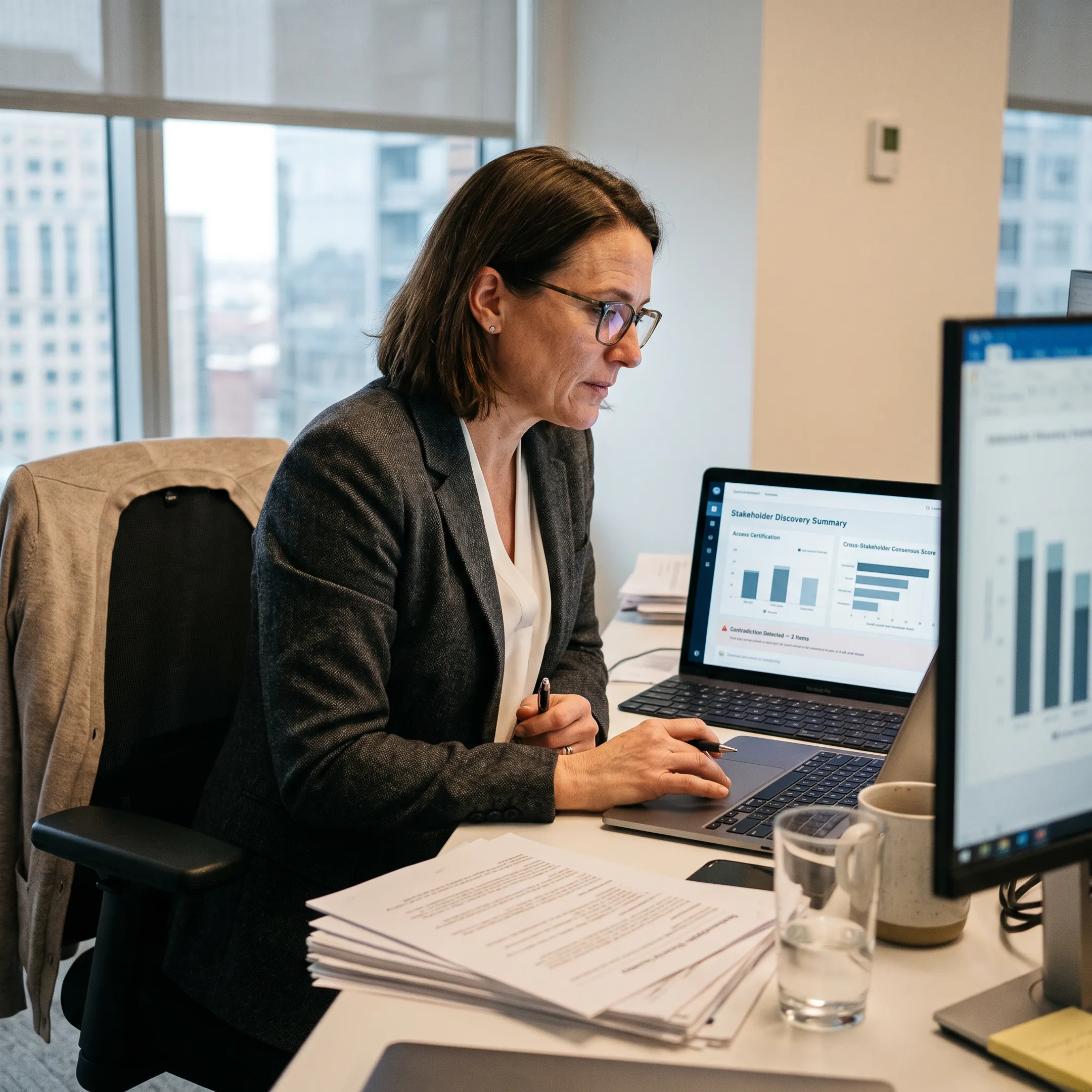 Professional reviewing an AI-guided questionnaire dashboard